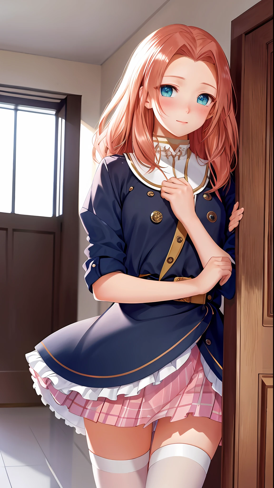 masterpiece, ultra high quality CG, best quality, perfect picture, solo, Eleanor Hume, lift skirt, showing pink panties, in classroom, embarrassed, blush