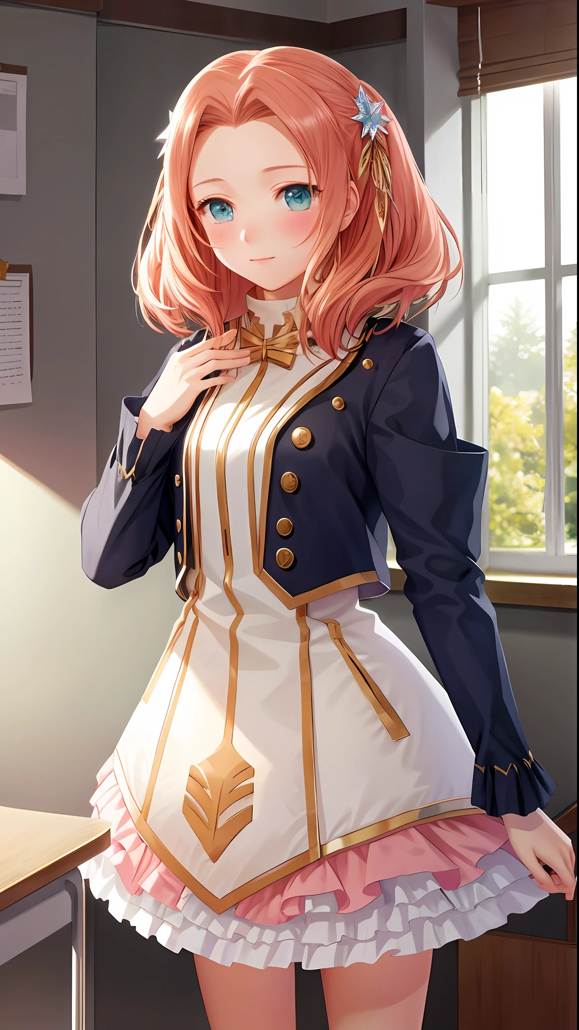 masterpiece, ultra high quality CG, best quality, perfect picture, solo, Eleanor Hume, lift skirt, showing pink panties, in classroom, embarrassed, blush