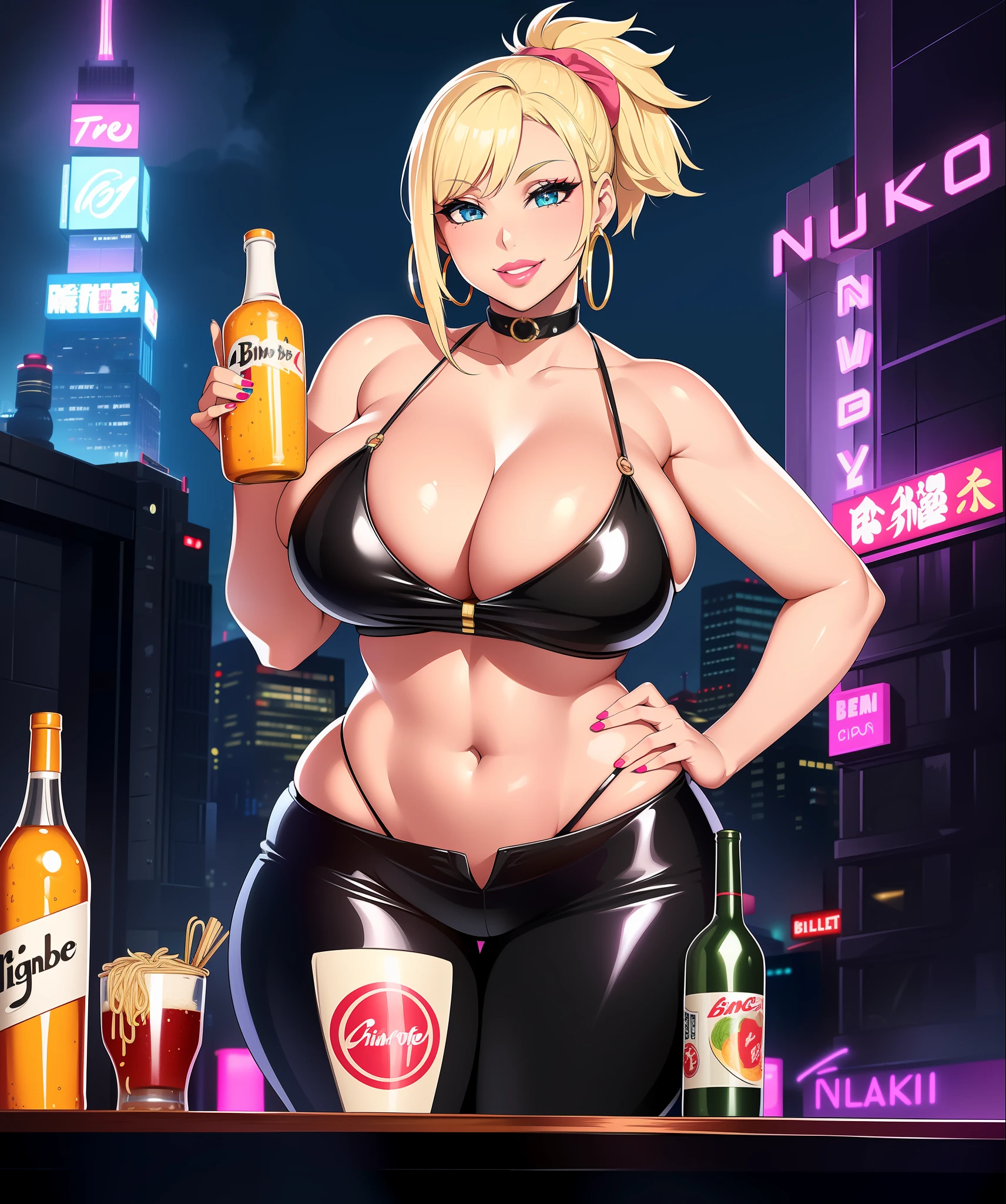 1girl, ((((bimbo))),(hoop earrings, fleshy lips, painted lips, thick lips.:1.2) blonde hair, short ponytail, ((((BIG SMILE)))), wide hips, thick thighs, busting breasts Nightlife, night town, Cyberpunk city, futuristic cityscape . Neon lights, (skyscraper: 1.1), Tokyo tower, palm tree, cloth sign, ramen tent, nightclub. bright city lights, exotic car. alcohol, bar, ramen, soup stall, bottles of alcohol,