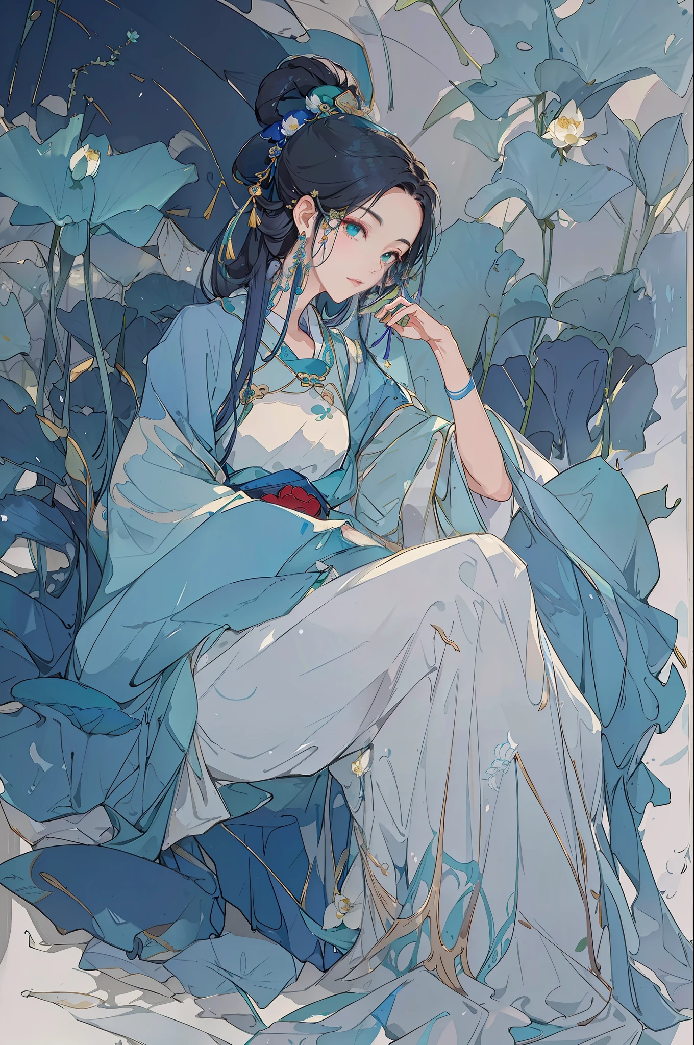 Ancient Chinese beauty sitting on stone, wearing ancient Chinese costume, flowing blue tulle, light silk, lazy pose, light green lotus leaves, lotus flowers, ink painting style, clean colors, decisive cutting, white space, freehand, masterpiece, super detailed, epic composition, high quality, highest quality, 4k --v 6