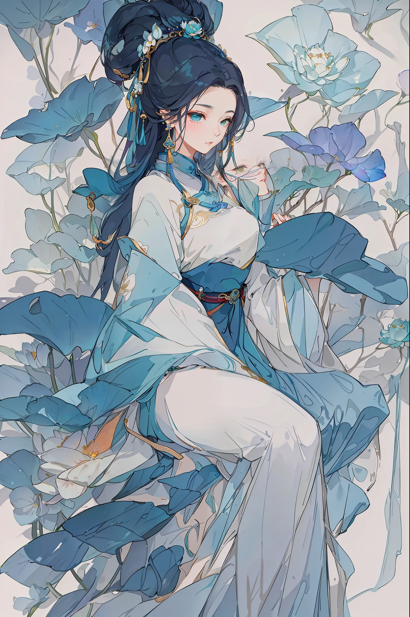 Ancient Chinese beauty sitting on stone, wearing ancient Chinese costume, flowing blue tulle, light silk, lazy pose, light green lotus leaves, lotus flowers, ink painting style, clean colors, decisive cutting, white space, freehand, masterpiece, super detailed, epic composition, high quality, highest quality, 4k --v 6