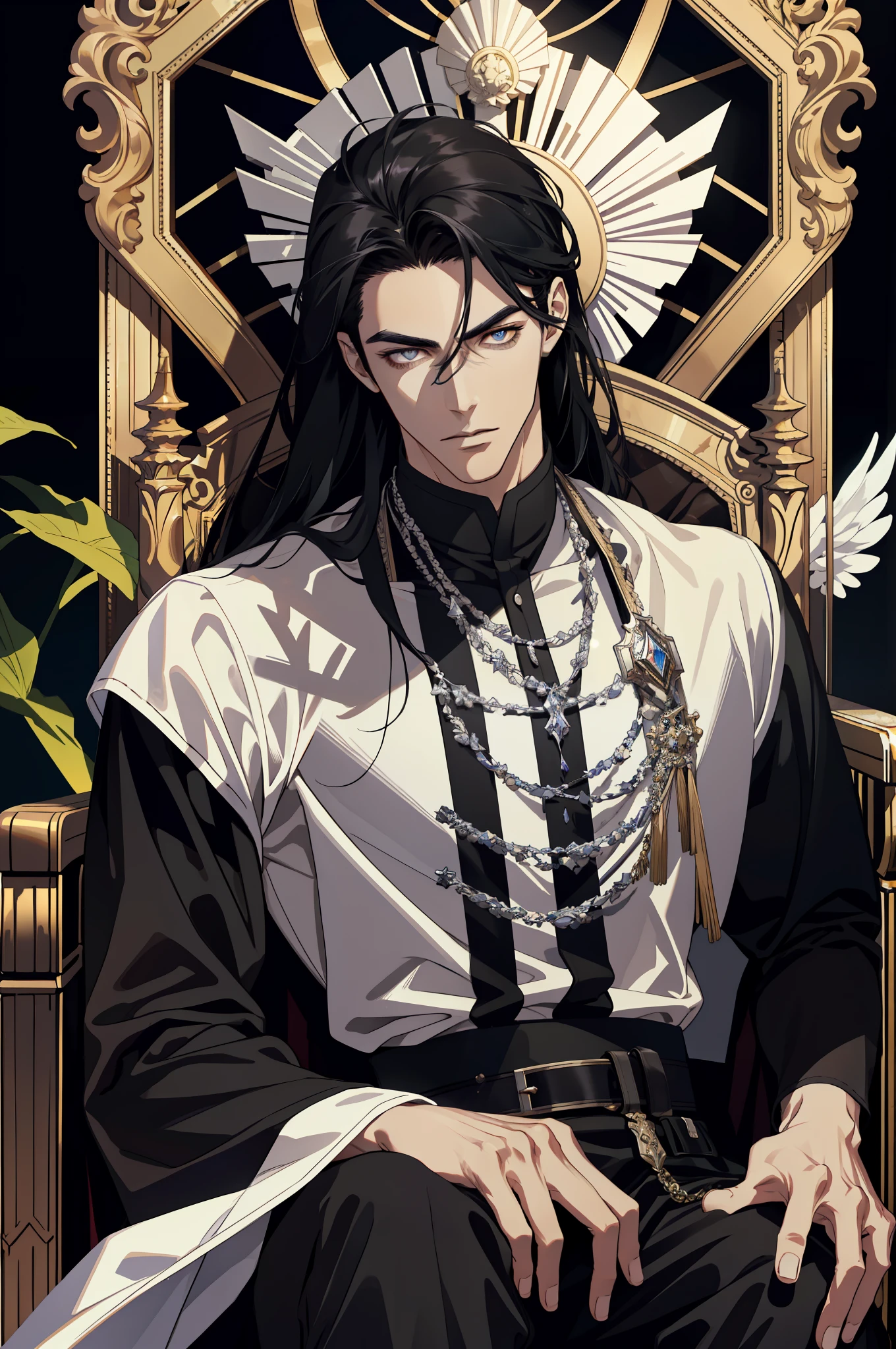(absurd, high resolution, ultra detailed), 1 man, adult, handsome, tall and muscular boy, broad shoulders, finely detailed eyes and detailed face, long black hair, onyx colored eyes, fantasy, magnificent background,shadow effect, throne, magic effect, flame