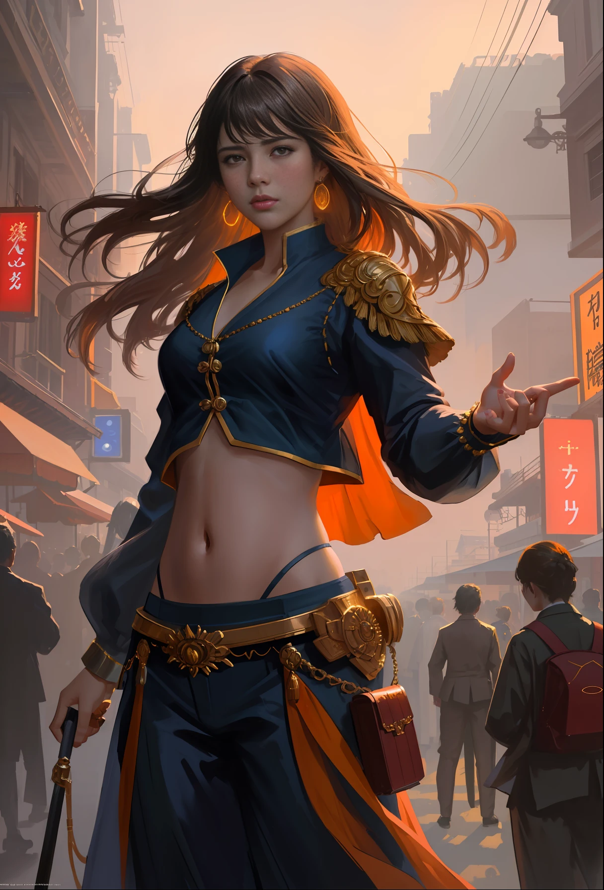 modelshoot style, orange moonlight,big neon,stronge neon lighting,(extremely detailed CG unity 8k wallpaper), full shot body photo of the most beautiful artwork in the world, stunningly beautiful photo realistic cute women in school uniform on the bustling street,(navel:1.5), professional majestic oil painting by Ed Blinkey, Atey Ghailan, Studio Ghibli, by Jeremy Mann, Greg Manchess, Antonio Moro, trending on ArtStation, trending on CGSociety, Intricate, High Detail, Sharp focus, dramatic, photorealistic painting art by midjourney and greg rutkowski