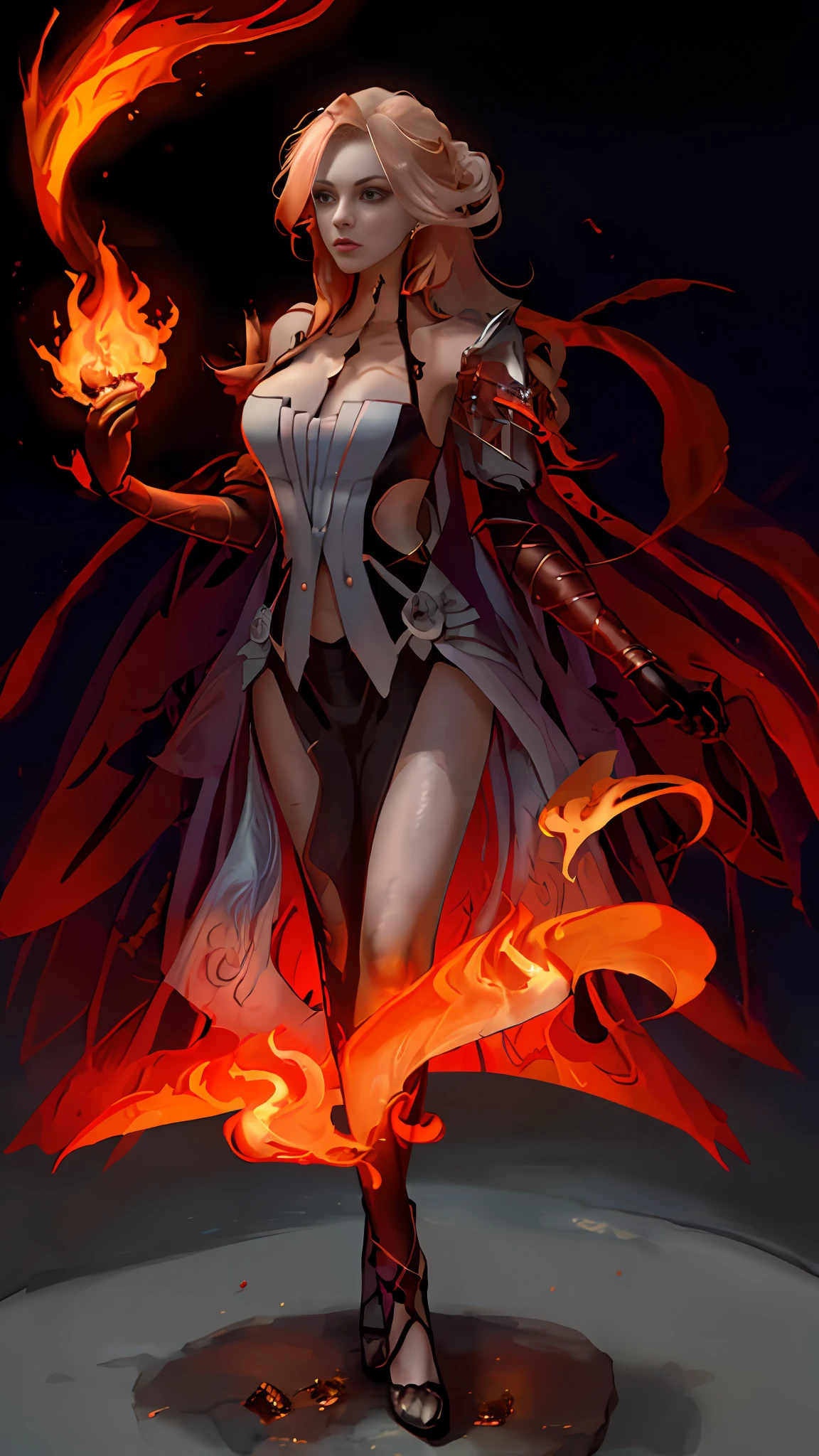 a sexy superhero young woman with flame powers, flame colored hair, outfit black with glowing orange trim, cleavage, extremely dramatic, aggressive stance, hands in fists, ready to punch, aggressive expression, perfect figure, hourglass figure, thin waist, extremely detailed, (beautiful, long, flowing hair), colorful outfit and armor, legs crossed, well rendered