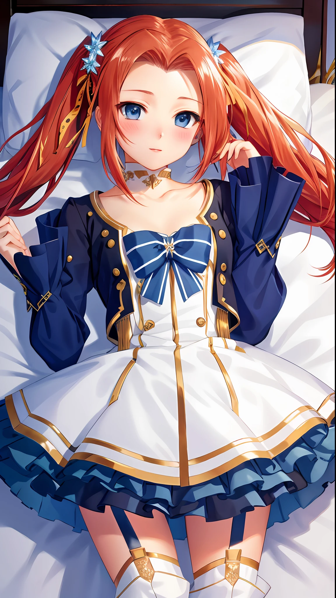 masterpiece, ultra high quality CG, best quality, perfect picture, solo, Eleanor Hume (short twintails hair, BLUE eyes), sexy lingerie in bed, blushing