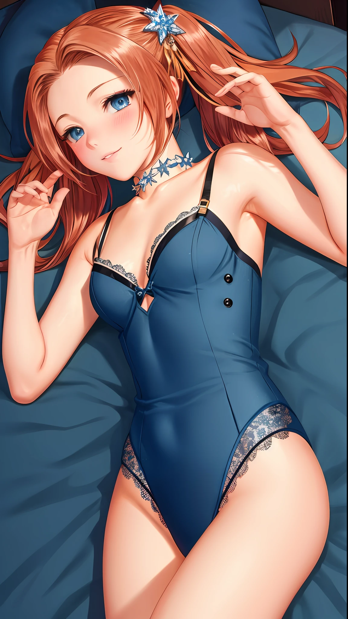 masterpiece, ultra high quality CG, best quality, perfect picture, solo, Eleanor Hume (short twintails hair, BLUE eyes), sexy lingerie in bed, blushing, armpits, gorgeous breasts