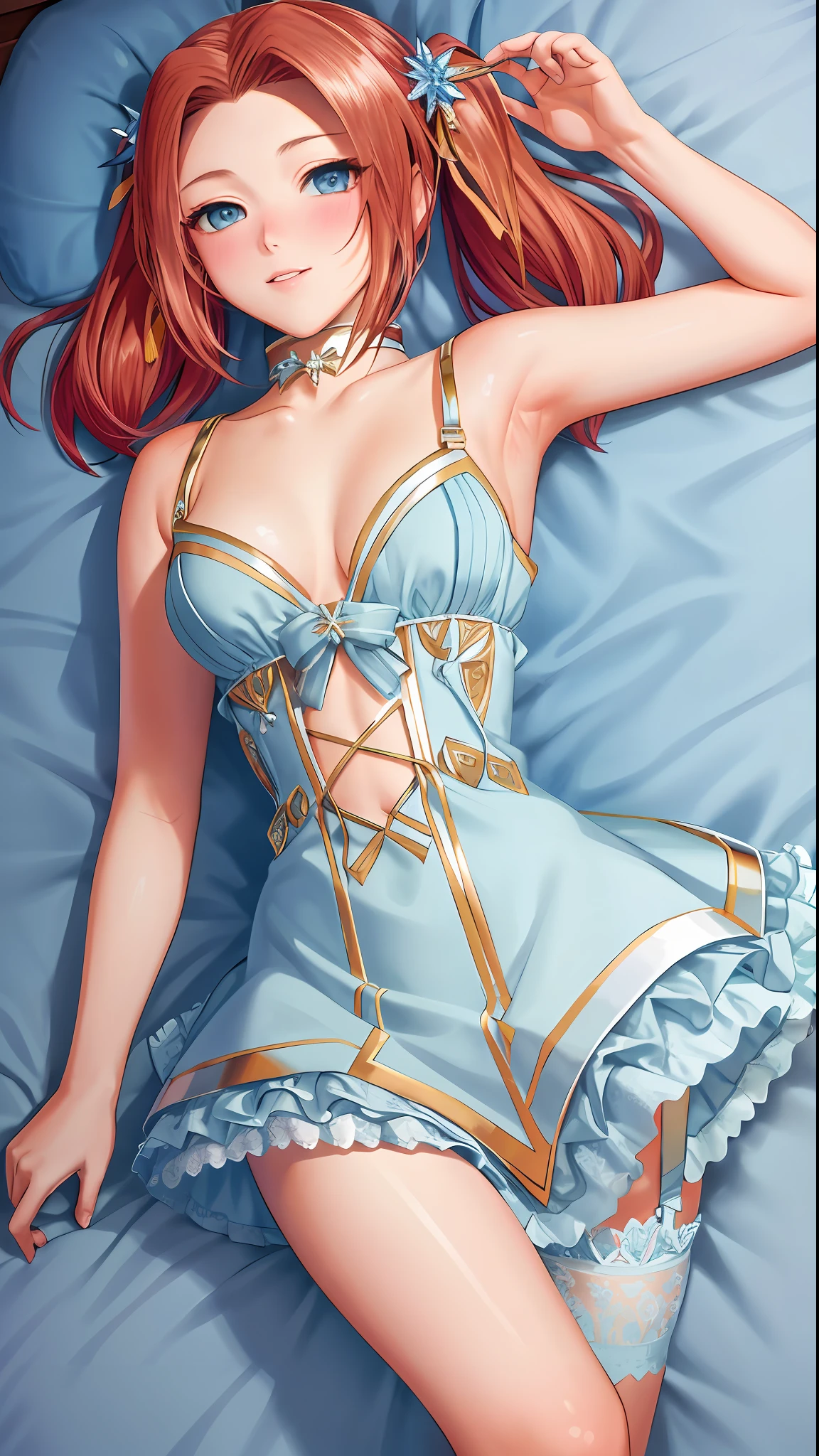 masterpiece, ultra high quality CG, best quality, perfect picture, solo, Eleanor Hume (short twintails hair, BLUE eyes), sexy lingerie in bed, blushing, armpits, gorgeous breasts