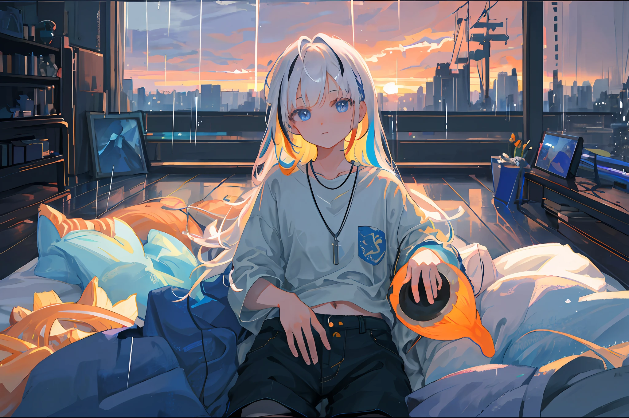 masterpiece,best quality,ultra-detailed,Highest picture quality,
1girl, (solo:1.2),lonely, long multicolored hair,streaked hair, blue eyes,highly detailed skin, navel, orange shirt, Denim shorts, necklace
setting in bed, bedroom,window,
cloudy sky,(overcast sky),(rain:1.2),dusky,Indoor dimness,
chiaroscuro,moody atmosphere,
cool color,(blurry foreground),(upper body),