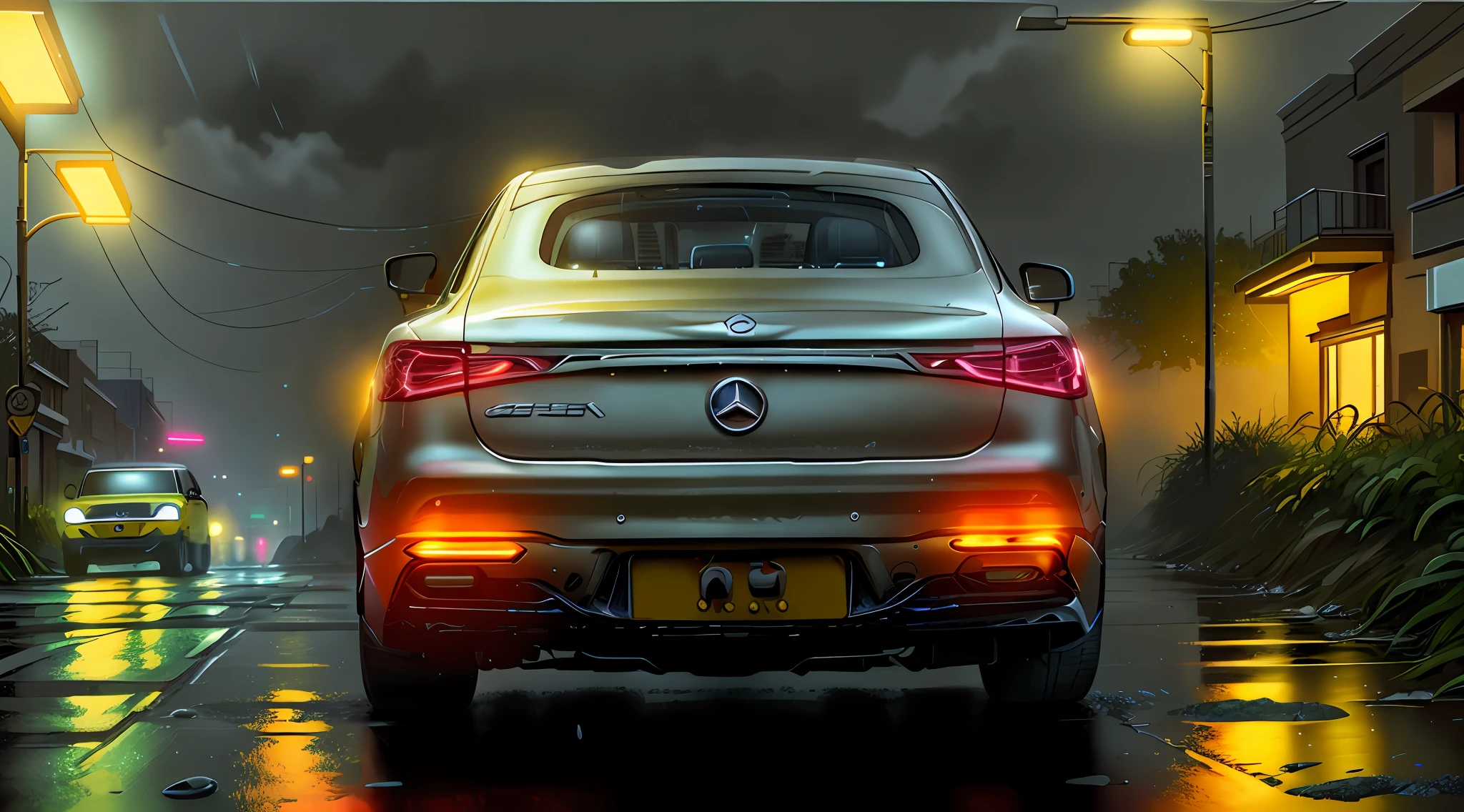 Mercedes ESQ, a car in street town at night, neon lights, rain, fog
