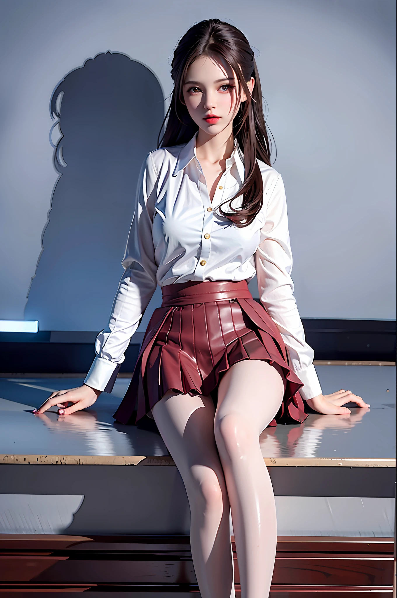 8K raw photo, Best quality, masterpiece, ultra high res, natural skin texture, realistic eye and face details,(looking at viewer, facing viewer), full lips, lipstick, red eyeshadow, beautiful legs, tall female, skinny, thick thighs, 1girl, solo,school uniform ,shirt,white pantyhose, sitting