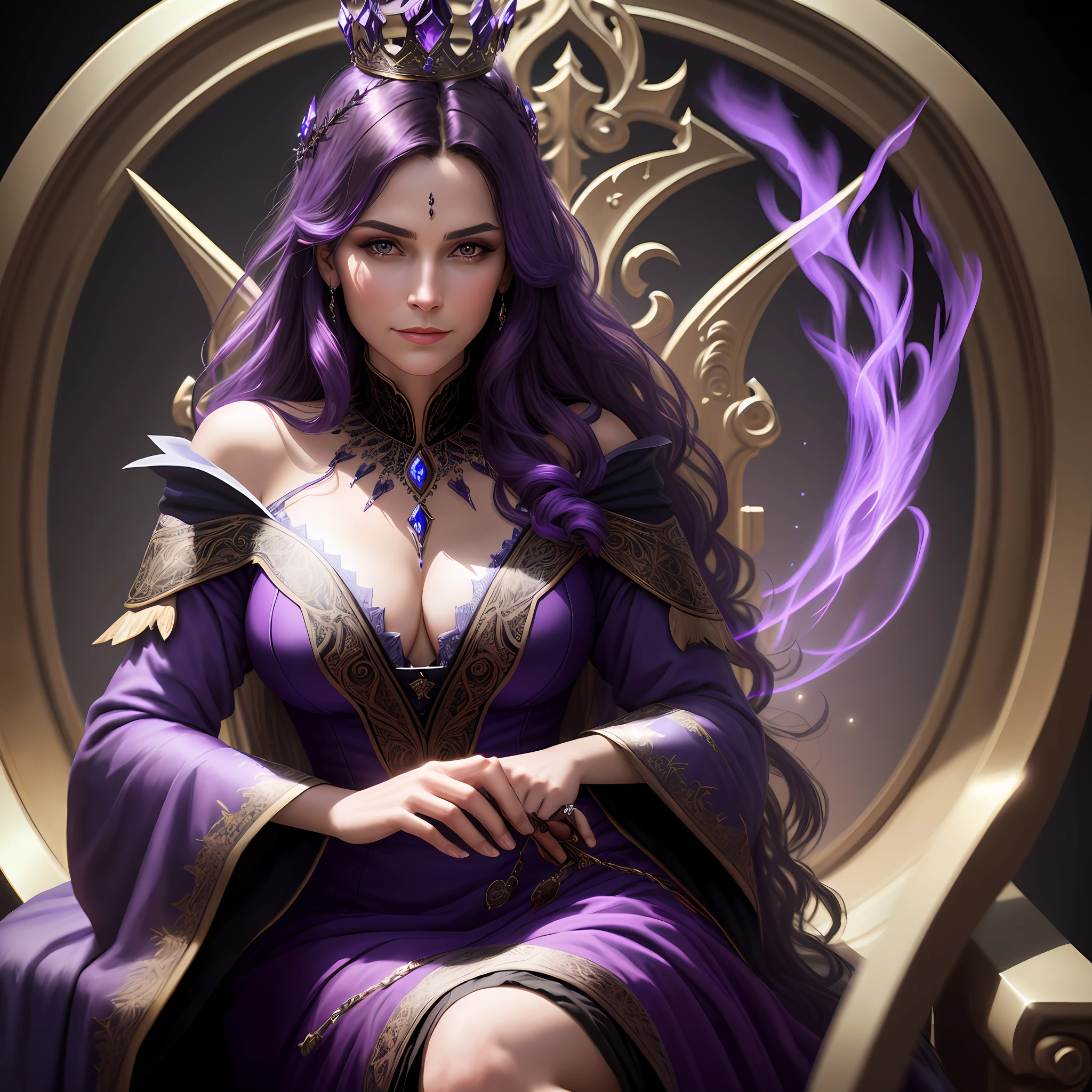 (extremely detailed 8k wallpaper)+, medium shot photo of a dark purple haired sorceress in an elegant dress showing clevage putting a crown on her head while sitting on a throne looking pleased, Intricate, High Detail, dramatic, best quality masterpiece, photorealistic, detailed, 8k, HDR, backlighting, bloom, light sparkles, chromatic aberration, sharp focus, realistic face, magic, evil