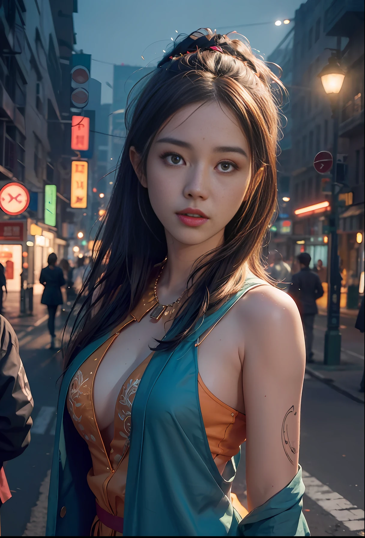 (RAW photo, best quality), (realistic, photo-realistic:1.3),big neons,orange moonlight,strong neon lighting,1 cute woman wearing school uniform on the bustling street,best quality,highly detailed,masterpiece,ultra-detailed,illustration,1girl,upper_body,dynamic angle,world masterpiece theater,messy_long_hair,best quality,extremely detailed CG unity 8k wallpaper,ink,Amazing,cinematic lighting,lens_flare,,dunhuang_style