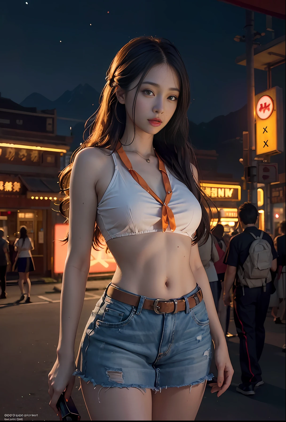 (RAW photo, best quality), (realistic, photo-realistic:1.3),big neons,orange moonlight,strong neon lighting,1 cute woman wearing school uniform on the bustling street,best quality,highly detailed,masterpiece,ultra-detailed,illustration,1girl,upper_body,dynamic angle,world masterpiece theater,messy_long_hair,best quality,extremely detailed CG unity 8k wallpaper,ink,Amazing,cinematic lighting,lens_flare,,dunhuang_style