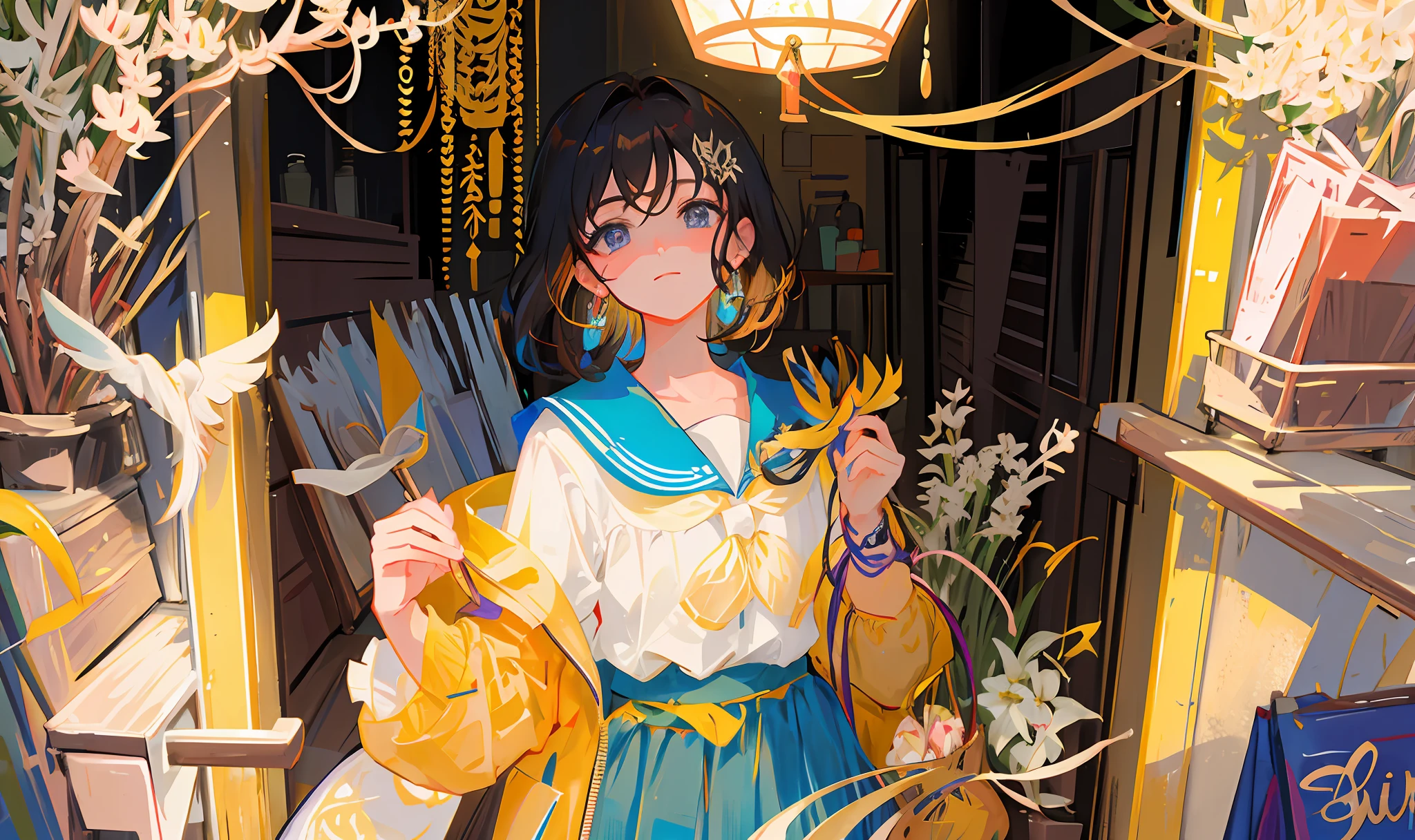 Masterpiece, hyperdetail, side light, (((intricate_details))), beautiful details, colorful, high resolution, 1girl, very_wide_shot, dark hair, eyes, detailed beautiful eyes, earrings, ((c-curl hair)), small dust, ((breeze)), wind, summer, flowers on branches, summer school uniform, (blurred background), sunlight, cleavage, high school students, high school students,