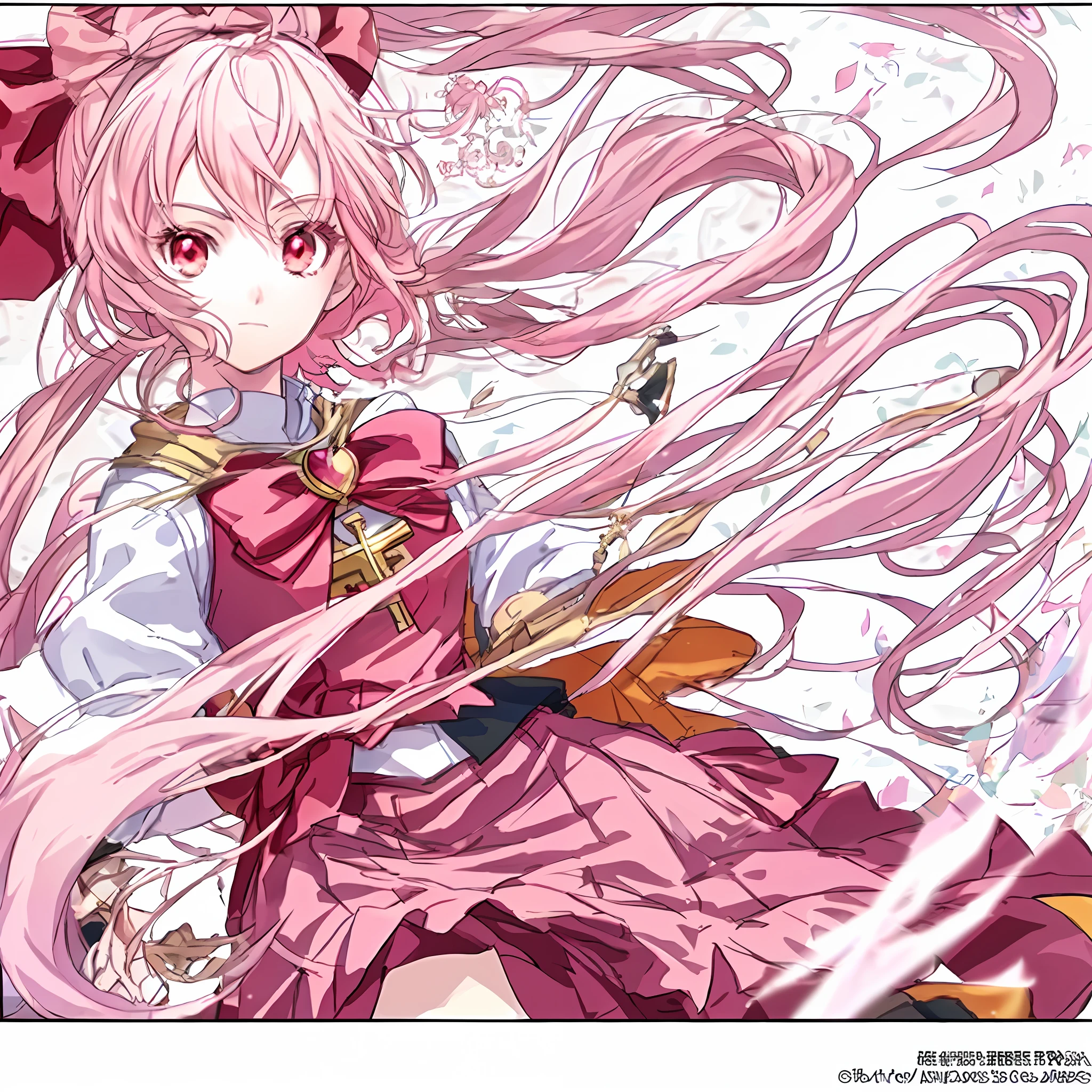 Anime girl with pink hair and red eyes holding a bow, detailed key anime art, official art, portrait of magical girl,