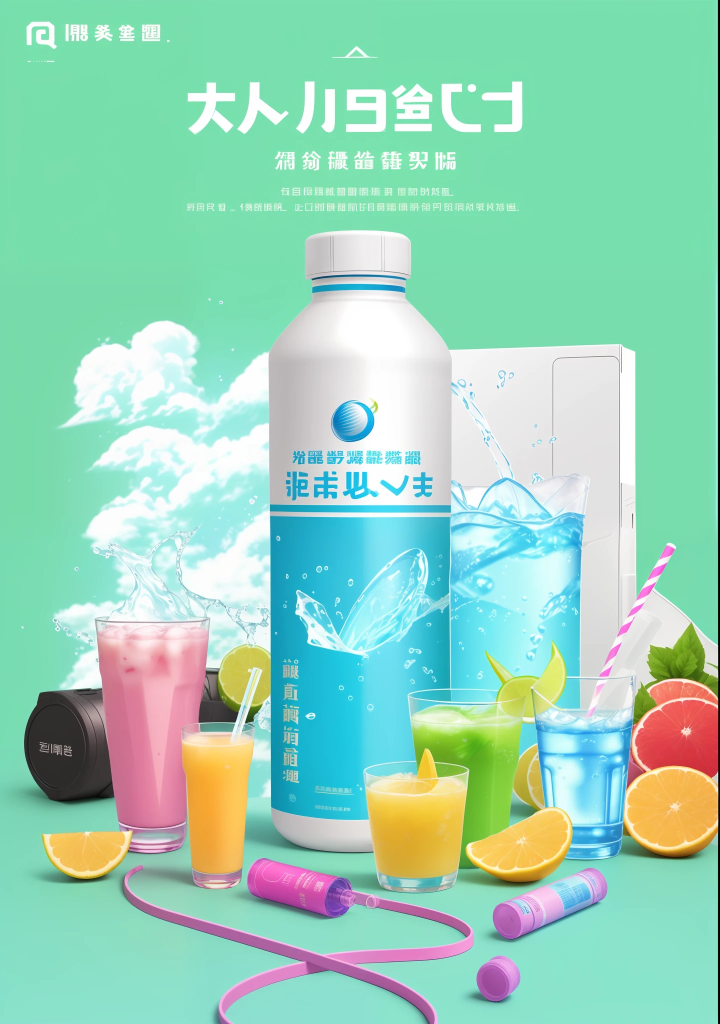 there is a bottle of water and various sports drinks on a table, product advertisement, made of drink, drink, neo vaporwave, promotional render, product, 王琛, 3 d render n - 9, by Qu Leilei, ez water, vaporwave, commercial banner, energy drink, by Russell Dongjun Lu, juice, vaporwave!