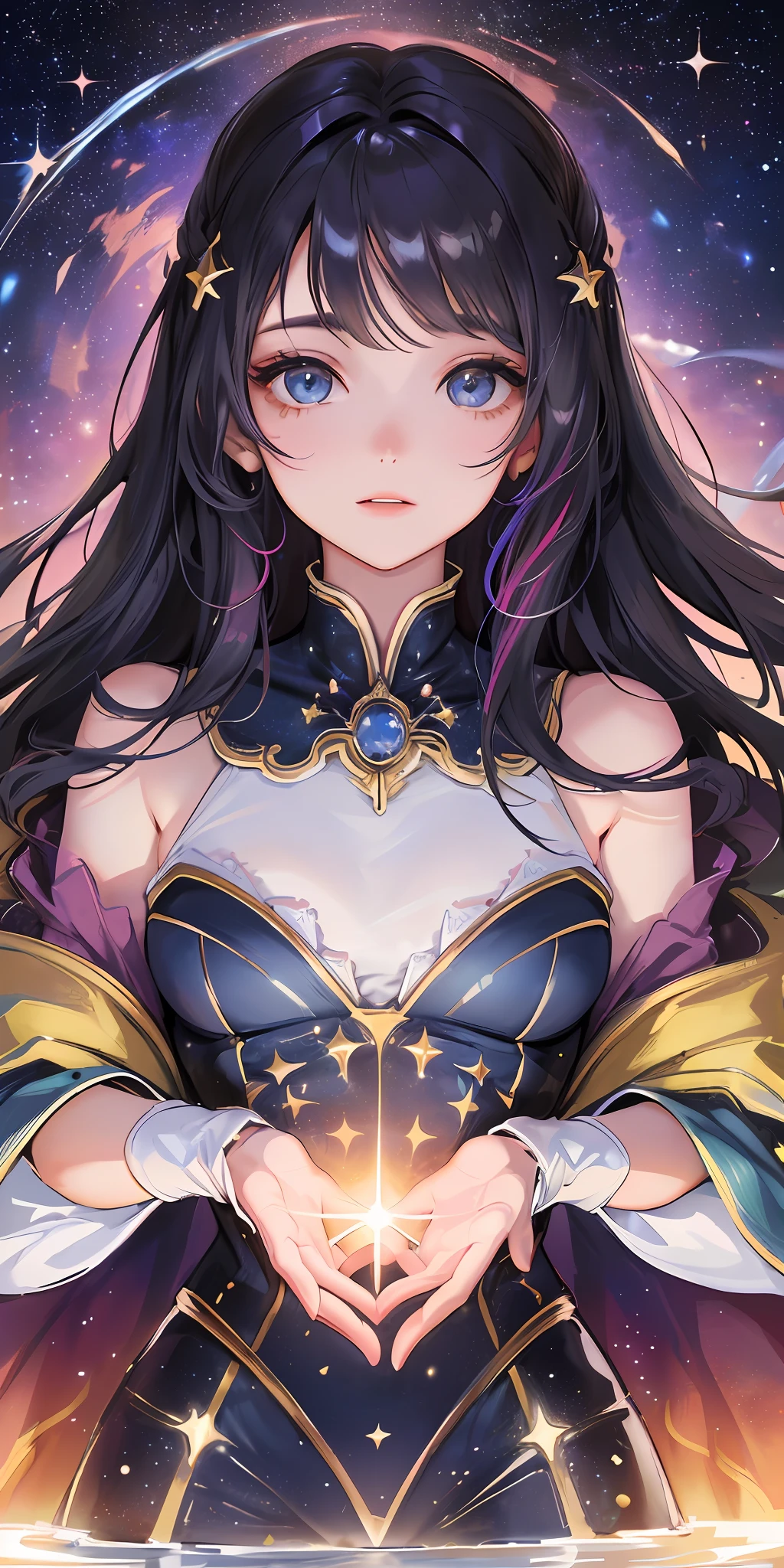 High detail, super detail, super high resolution, girl enjoying her time in the dream galaxy, surrounded by stars, warm light sprinkled on her, background is starry sky with colorful galaxies and galaxy clouds, stars flying around her, delicate face, adding playful atmosphere , --v6