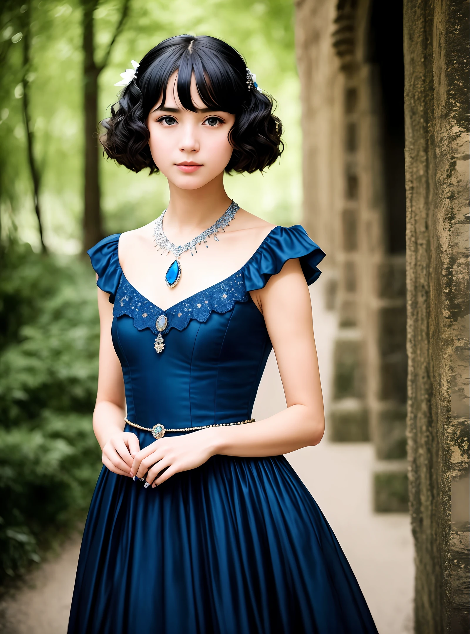 full-length portrait of a perfect girl 20 old, standing against the backdrop of a Gothic castle in a dress in the style of Alexandr McQueen blue, the girl's face is perfect, the figure of the girl is graceful and graceful, the bust is small, on the graceful neck is a precious necklace with red diamonds, the girl's eyes are the color of lapis lazuli, the eyelashes are long and graceful, the girl's nose is neat, the face is oval, the girl's shoes are in the style of Jimmy Choo, the image was taken with a Hasselblad X2D 100C camera lens XCD 100mm f0 / 9, the image is ultra clear, hyper-details, photo resolution is 100 megapixels, Rawphoto, light on photo dramatic, cinematic, photo taken in the style of William Mortensen, color.