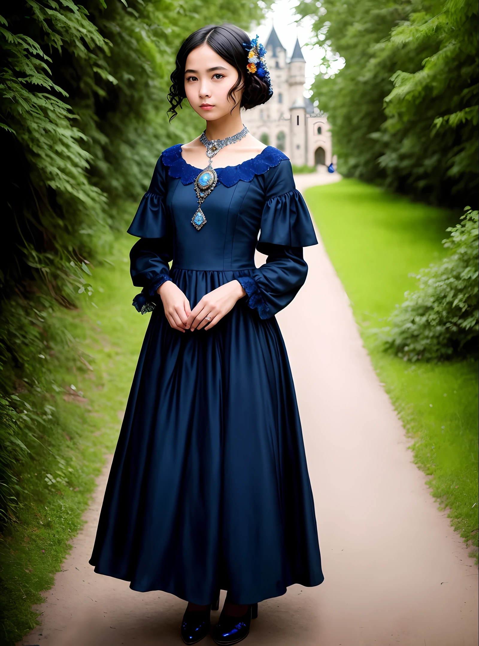 full-length portrait of a perfect girl 20 old, standing against the backdrop of a Gothic castle in a dress in the style of Alexandr McQueen blue, the girl's face is perfect, the figure of the girl is graceful and graceful, the bust is small, on the graceful neck is a precious necklace with red diamonds, the girl's eyes are the color of lapis lazuli, the eyelashes are long and graceful, the girl's nose is neat, the face is oval, the girl's shoes are in the style of Jimmy Choo, the image was taken with a Hasselblad X2D 100C camera lens XCD 100mm f0 / 9, the image is ultra clear, hyper-details, photo resolution is 100 megapixels, Rawphoto, light on photo dramatic, cinematic, photo taken in the style of William Mortensen, color.