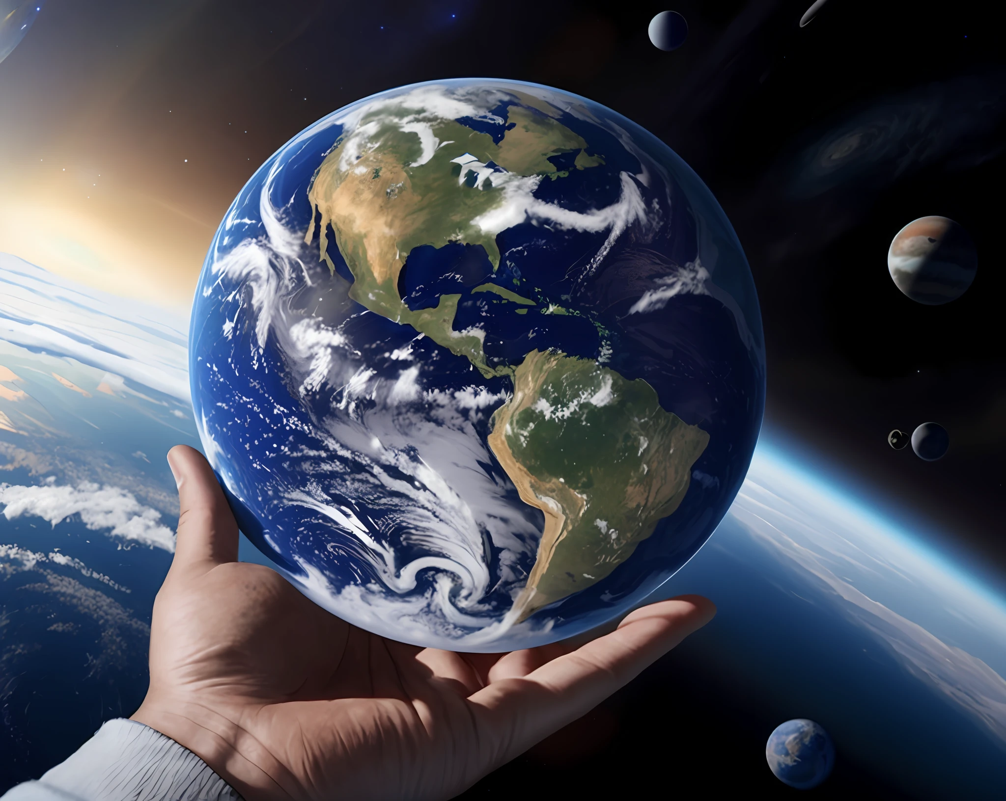 someone holding a blue earth in their hand with planets in the background, holding the earth, is holding a tiny planet earth, holding a planet, creation of the world, with earth, earth in space, holding a miniature earth, earth outside, earth in the background, larger than earth, holding miniature earth in hands, earth in background, the earth