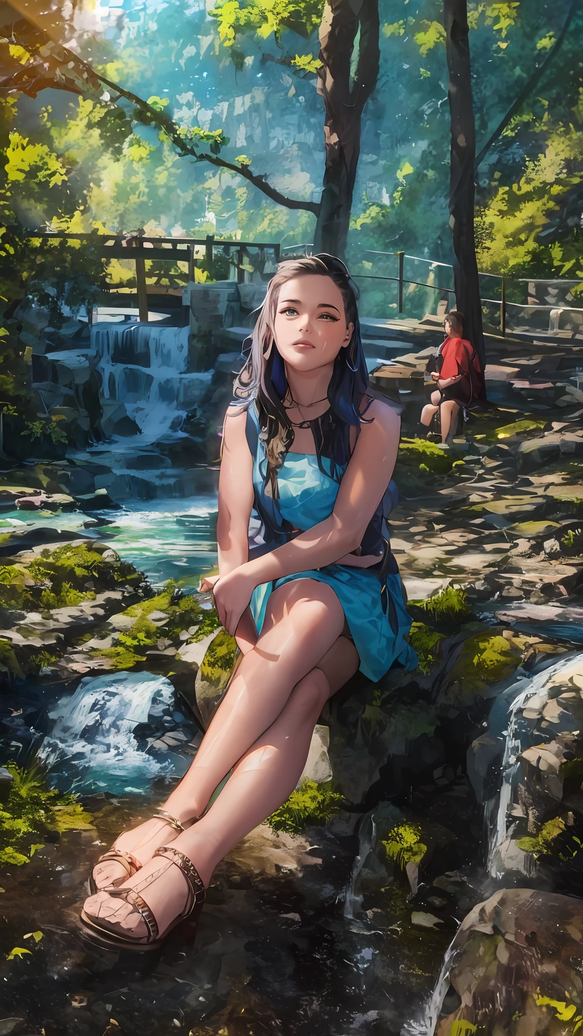there is a woman sitting on a rock in the woods, next to a waterfall, sitting near a river, in a city park, with a waterfalls, vacation photo, in a park, serious composure, with waterfalls and river, ekaterina, with waterfalls, photo taken in 2 0 2 0, sitting on rocks, on a sunny day, waterfalls in the background