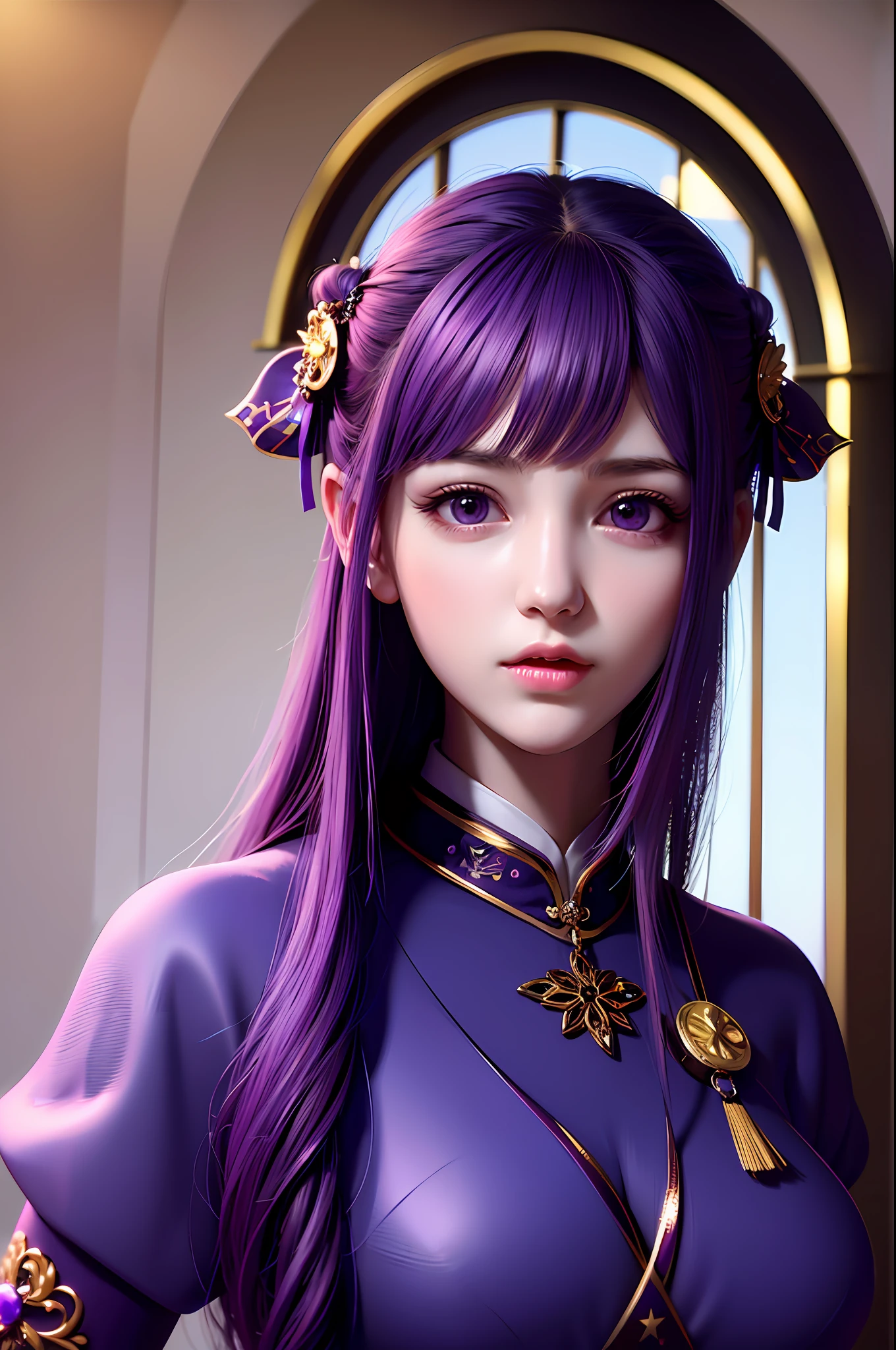 1girl,solo, (8k, best quality, masterpiece:1.37), (RAW photo), (detailed face and eyes), ultra-detailed, best quality, ultra high res, yunxi, chinese dress, purple pupil, purple hair,