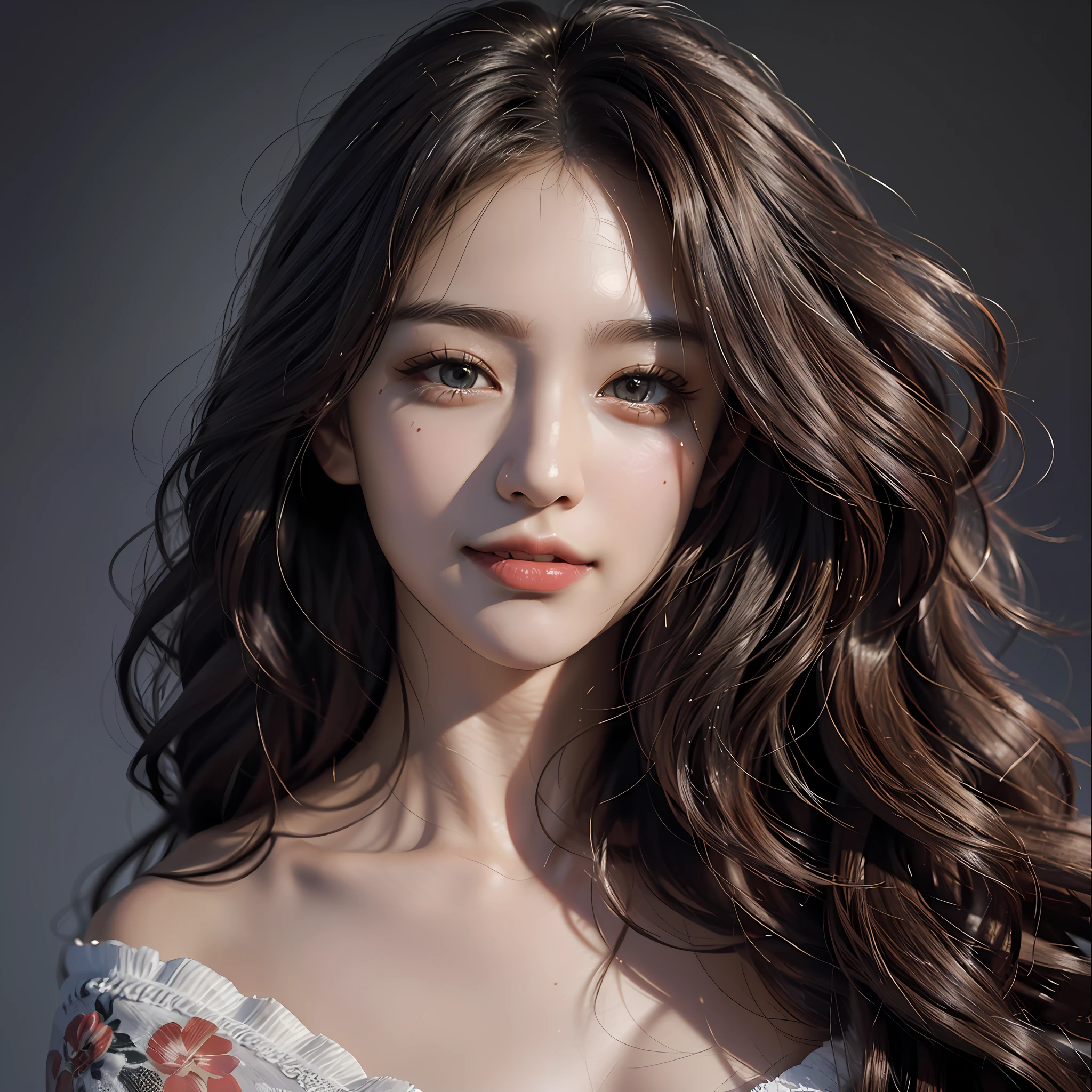 masterpiece, best quality, ultra realistic, hyper-detailed, 8k resolution, RAW photo, (1girl), gorgeous face, Japanese and Russian mix, perfect body, mature female, 30yo, sexy nightgown, happy, posing for photo, long curly hair, messy hair, smile
