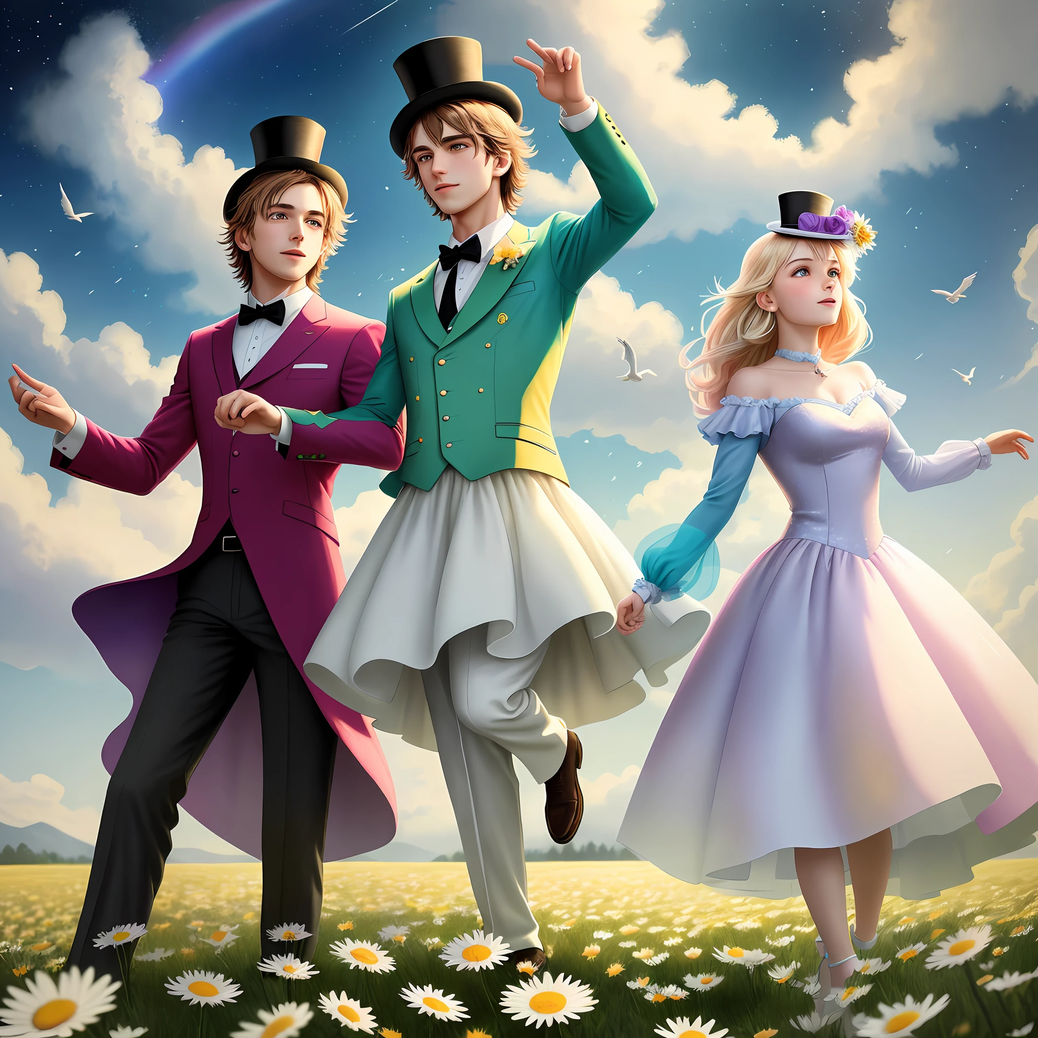 One fine morning, as the sun rose in a burst of confetti-colored rays, Chris and Garrett found themselves frolicking through a meadow of rainbow-hued daisies. The daisies swayed to an unseen rhythm, emitting a symphony of delightful melodies as they twirled in perfect synchrony with the duo's dance moves. Above them, birds chirped in harmony, their beaks adorned with mini top hats, adding a touch of whimsy to the already magical scene. The sky overhead shimmered with countless glittering stars, casting a surreal glow over the landscape, even in the broad daylight.