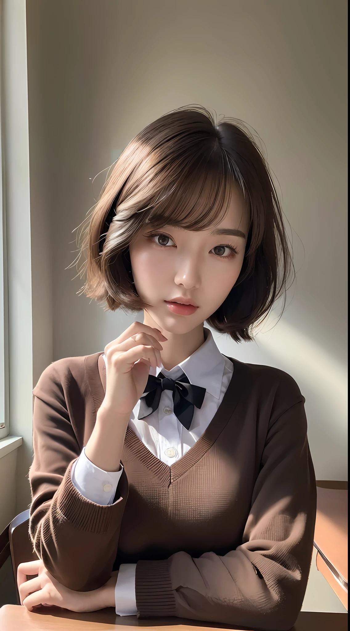 (Best quality, High resolution, Masterpiece :1.3), A tall and pretty woman with slender figure, (Dark brown short hair), Wearing school uniform, In classroom, Details exquisitely rendered in the face and skin texture, Detailed eyes, Double eyelid