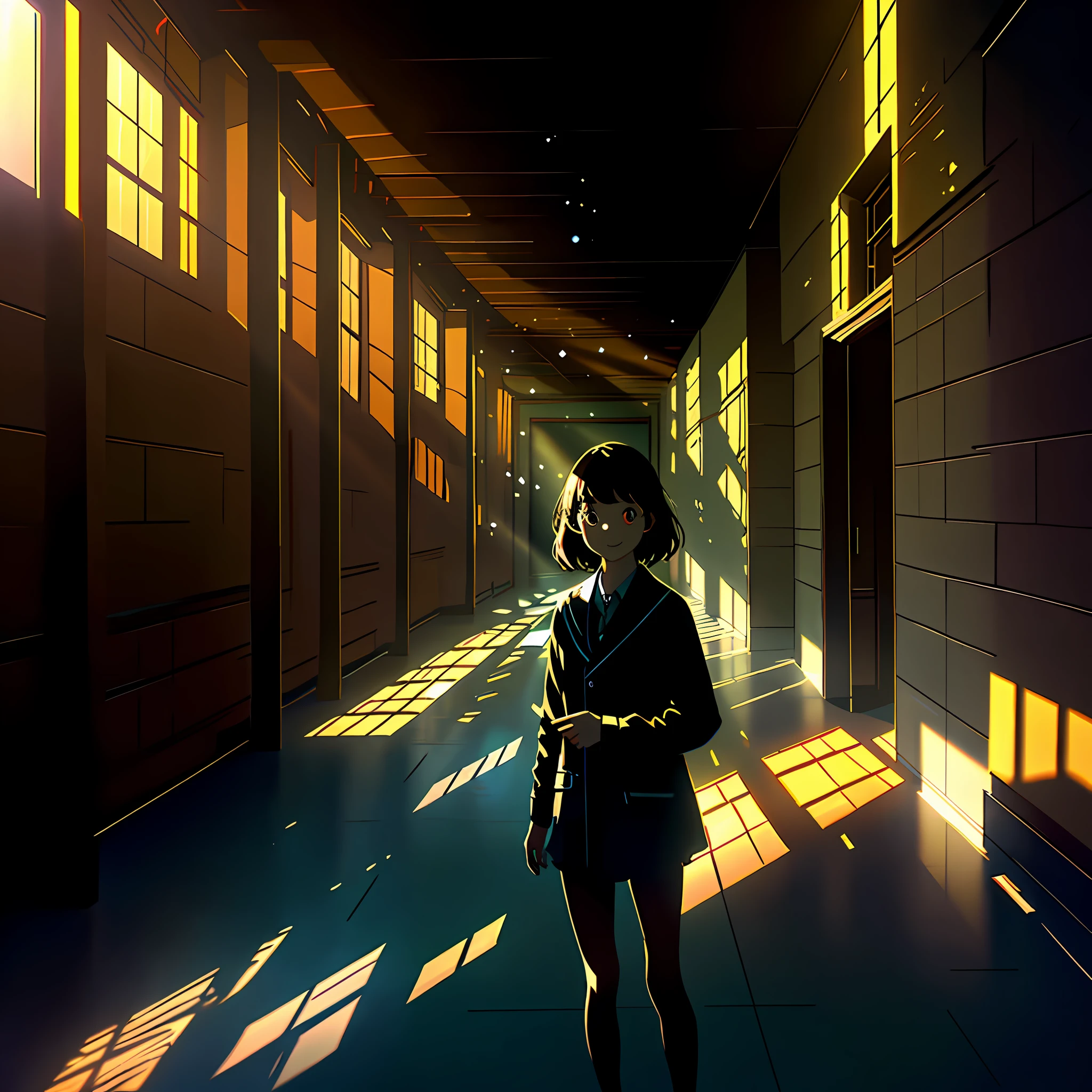 professional cinematic photo of a girl wandering in a hall, smiling, detailed face, ultimate shadow depth, f/45 aperture, busy setting, luminism, ultra bioluminescence, god rays, warm colors, high contrast, high focus, best Form shadows, best Shadow receiving bounced light, best Core shadows, best Cast shadows, best Occlusion shadows, ultra intricate shadow-light play,