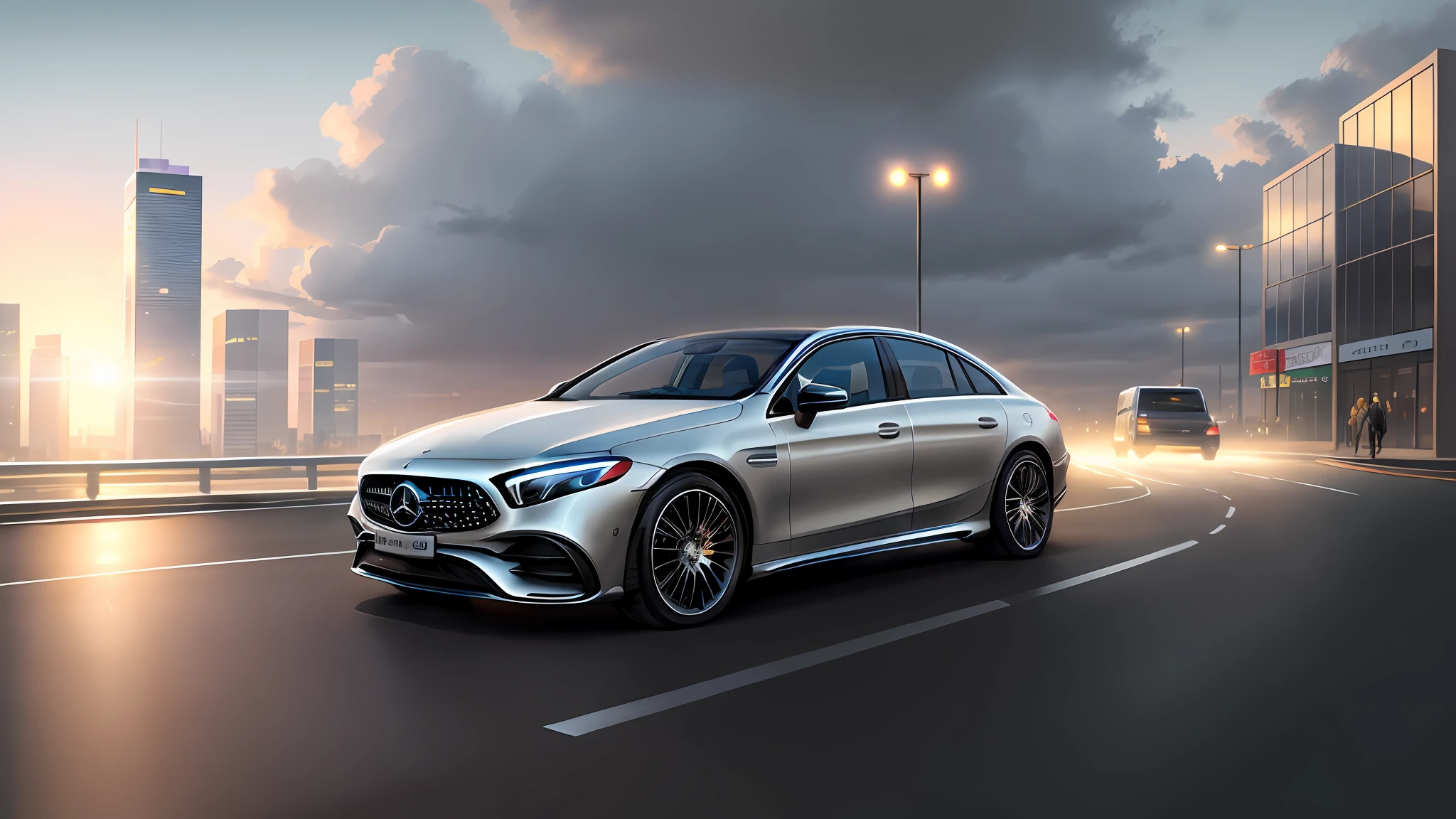 mercedes-EQS, driving on the road, a car driving on the pavement, road markings, dusk, neon lights, high street, billboards, pedestrians, silver metal body, sky, clouds, glass windows, metal reflections, city track, background is tall buildings, city, tall buildings, photography, art station trend, sharp focus, intricate detail, high detail, ambient light, ray tracing,