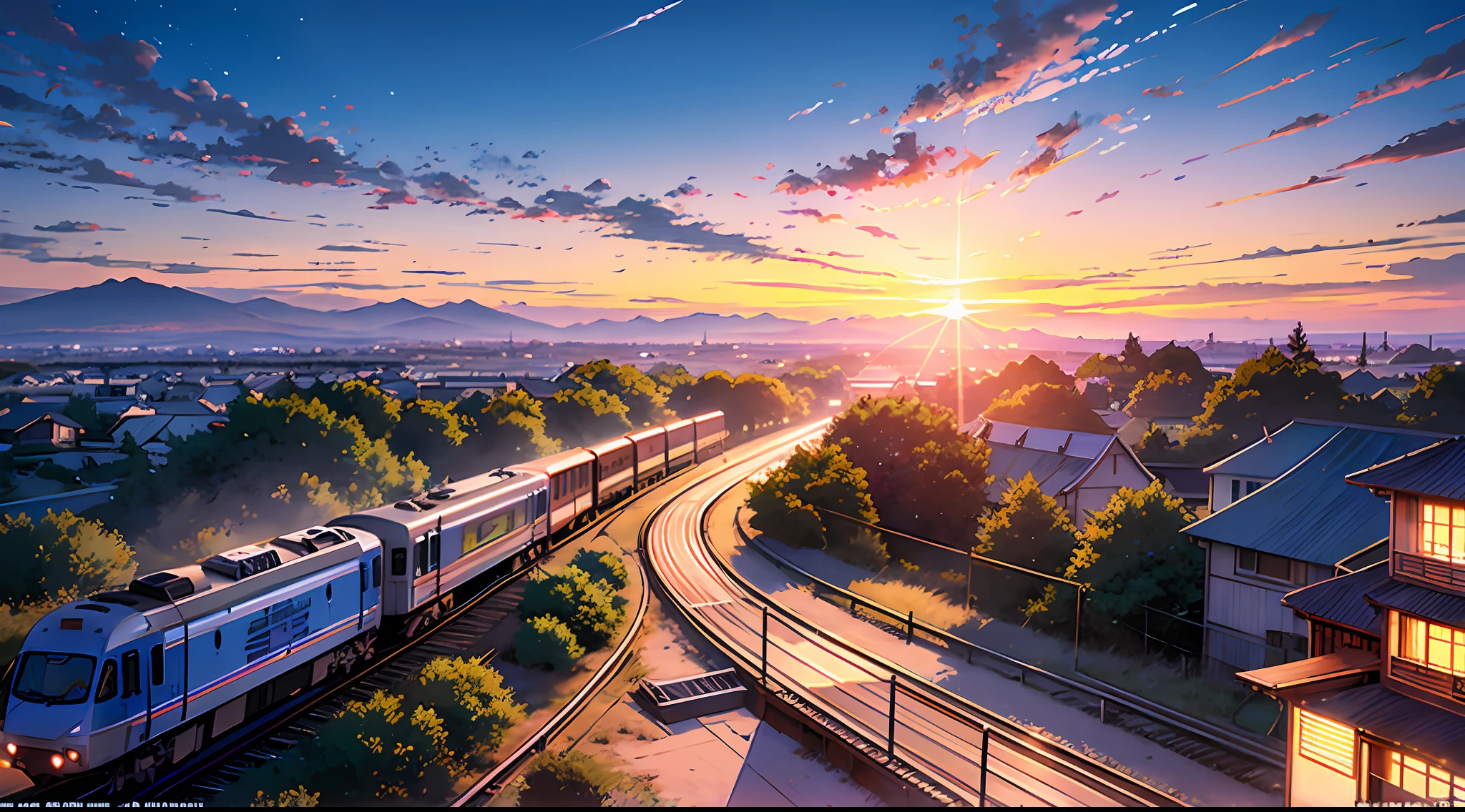 anime scenery of a sunset with a train passing by, beautiful anime scene, beautiful anime scenery, anime background art, anime sky, anime scenery, anime landscape wallpaper, amazing wallpaper, anime background, cosmic skies. by makoto shinkai, detailed scenery —width 672, scenery artwork, anime landscape, anime beautiful peace scene, watching the sun set. anime