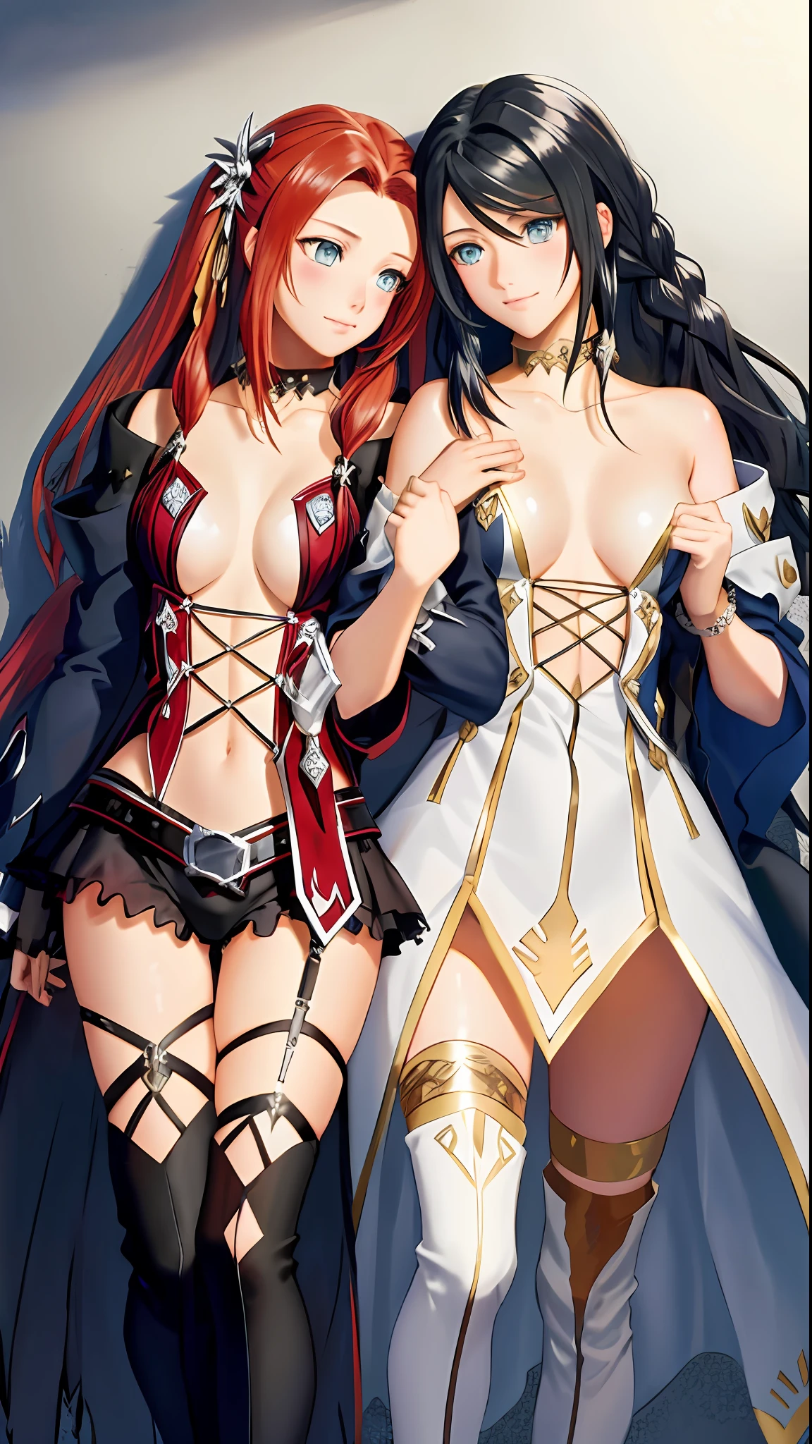 masterpiece, ultra high quality CG, best quality, perfect picture, 2girls, Eleanor Hume (short twintails hair, BLUE eyes), sexy lingerie hugging Velvet Crowe from behind (long black hair)