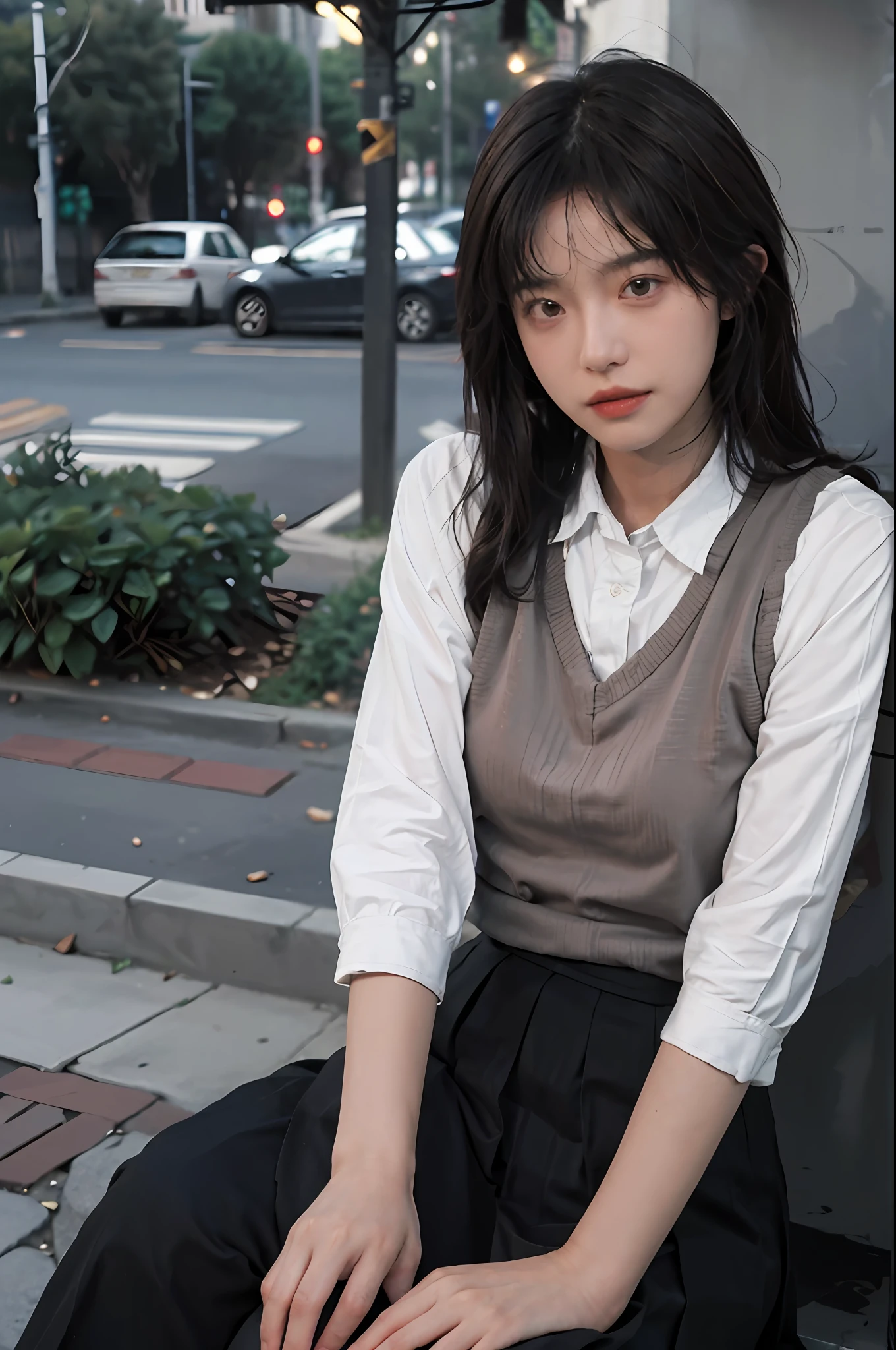 8K, Best Quality, Masterpiece, Ultra High Resolution, (Realism: 1.4), Original Photo, (Realistic Skin Texture: 1.3), (Film Grain: 1.3), 1 Girl, Beautiful Eyes and Face Details, Masterpiece, Best Quality, Close-up, Full Body, Photo, Short Brown Hair, Black Vest with Gray Pleated Skirt.