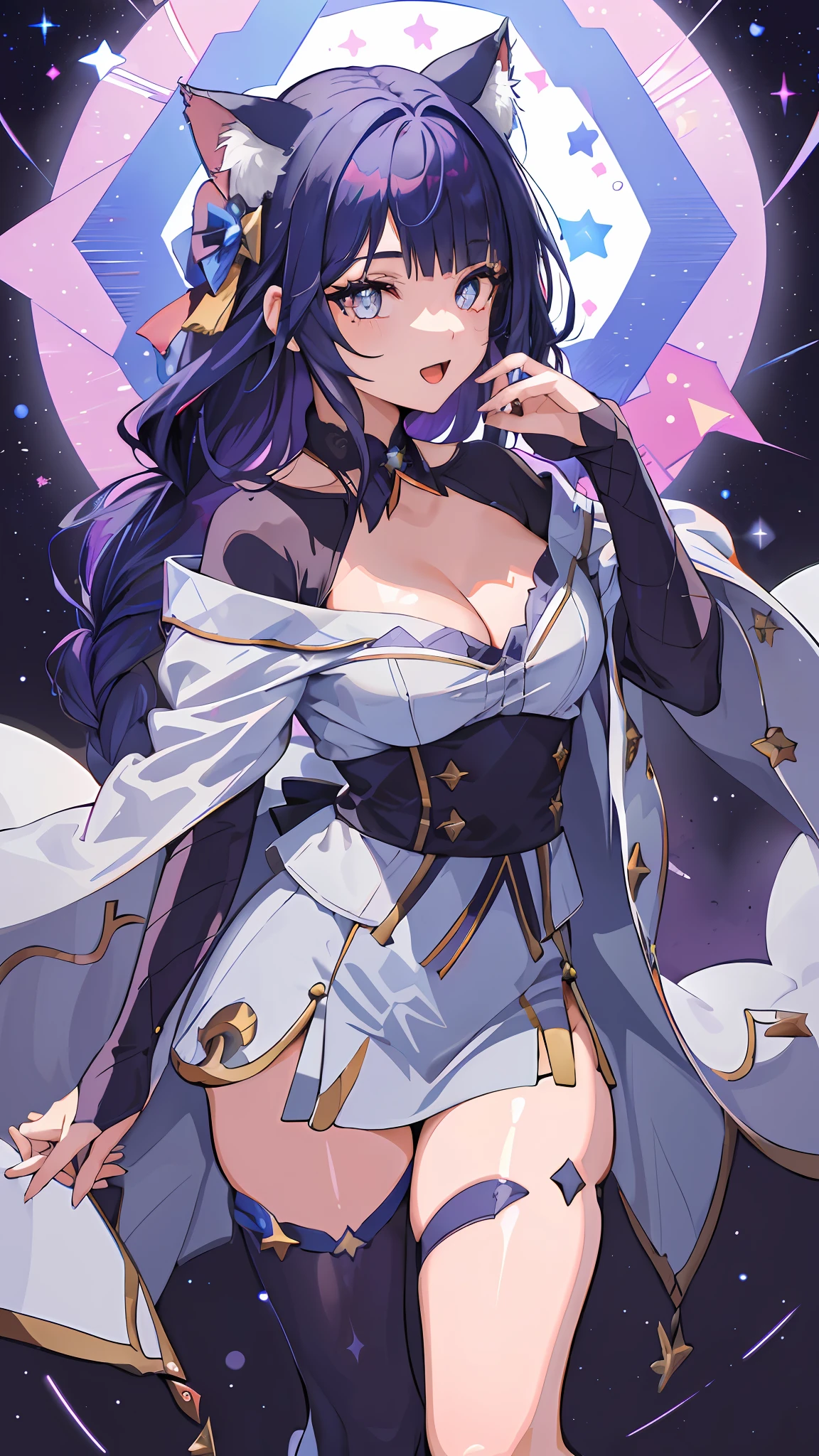 (masterpiece, best quality), ((1girl, (mature female) long hair), (star-shaped pupils,  +_+, symbol-shaped pupils, sparkling eyes), (cat ears, open open mouth)), (looking at viewer, light smile, off shoulder), (abstract, multicolored background, abstract background, chromatic aberration),