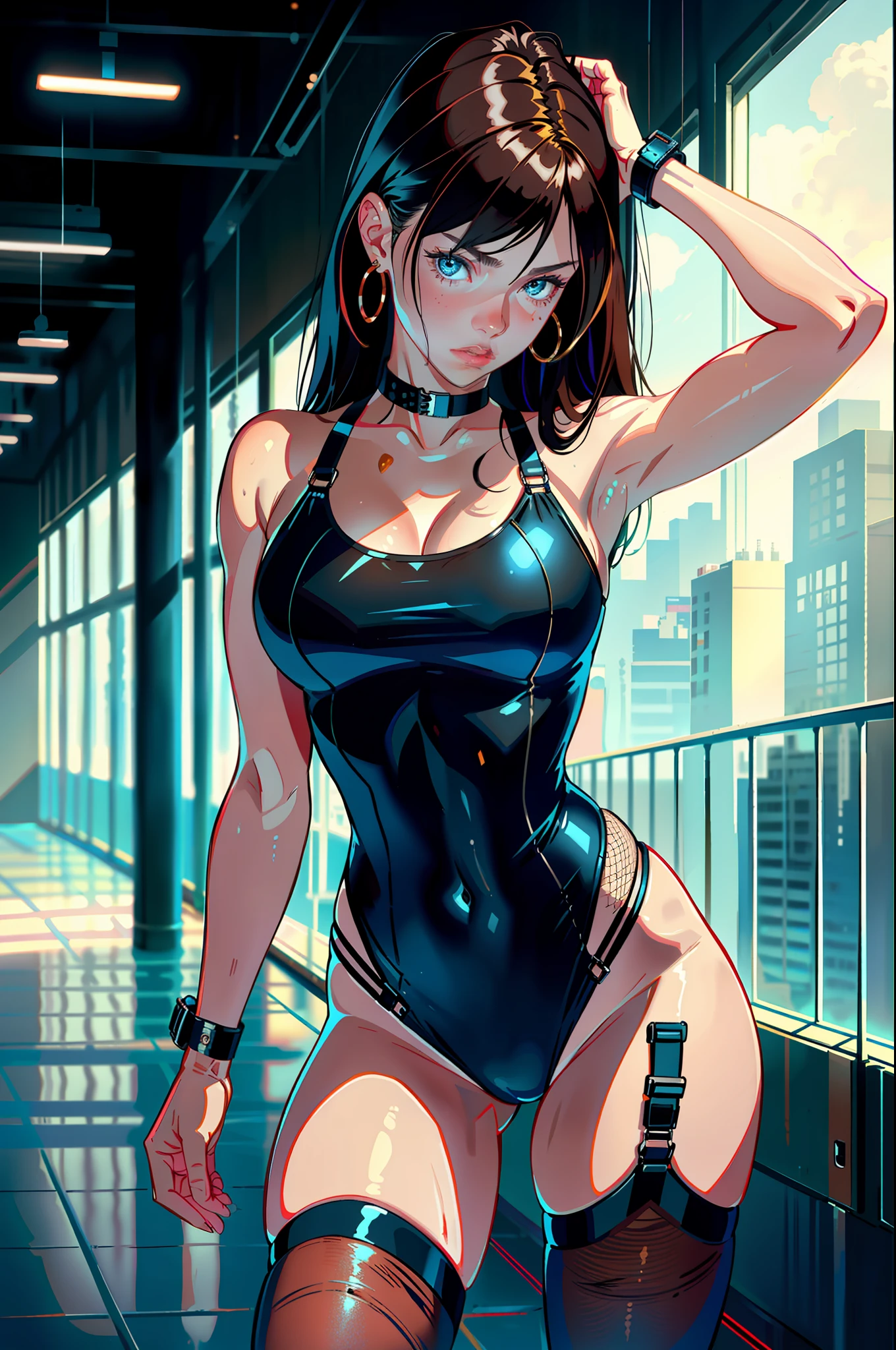 best quality, masterpiece, ultra high resolution, (photorealistic: 1.4), (realistic moist skin: 1.2), Scarlett Johansson, medium breasts, big blue eyes, brown hair, (nose red), gymtastic_jumpsuit, gymtastic_yoga_croptop, gymtastic, (multiple straps, buckle straps: 1.125), fishnet stockings, woman doing gymnastics, cute, young, posingh, long hair, looking at the viewer, wet, professional lighting, physical rendering, hands on lips, arm up, hand on hip, hugging legs, legs spread, all fours, varices, arched back, collar, earrings, (see clothing), fishnet stockings, (Copesee the Malt Style: 0.5), (Thepit Bimbo, shiny), sexy, bimbo, sportswear, (multiple straps: 1.1)