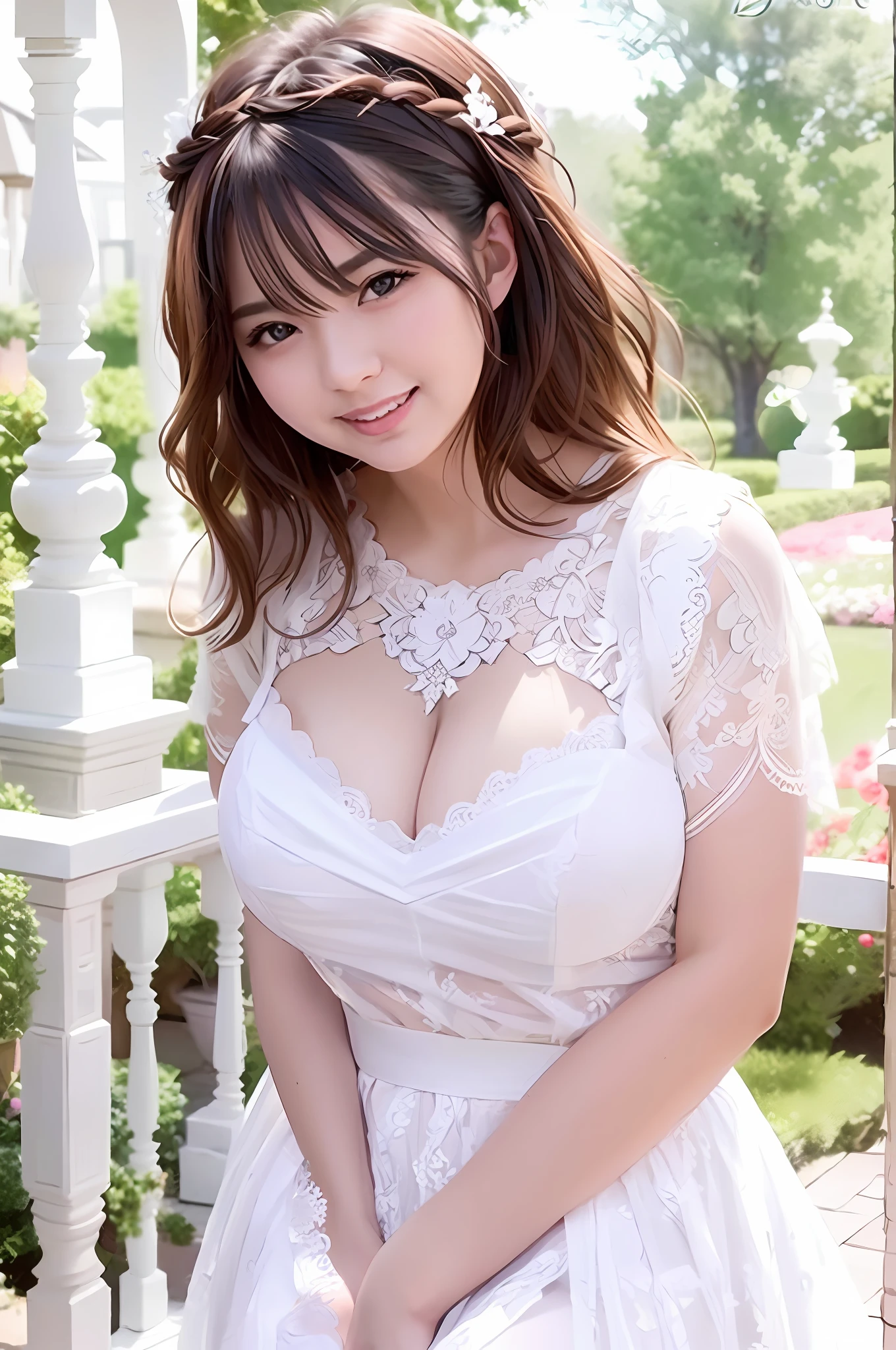 plump body, plump breasts, bursting breasts, big breasts, intricate lace prom dresses, miniskirts, lace hair ornaments, garden weddings, garter stockings, garter belts,
