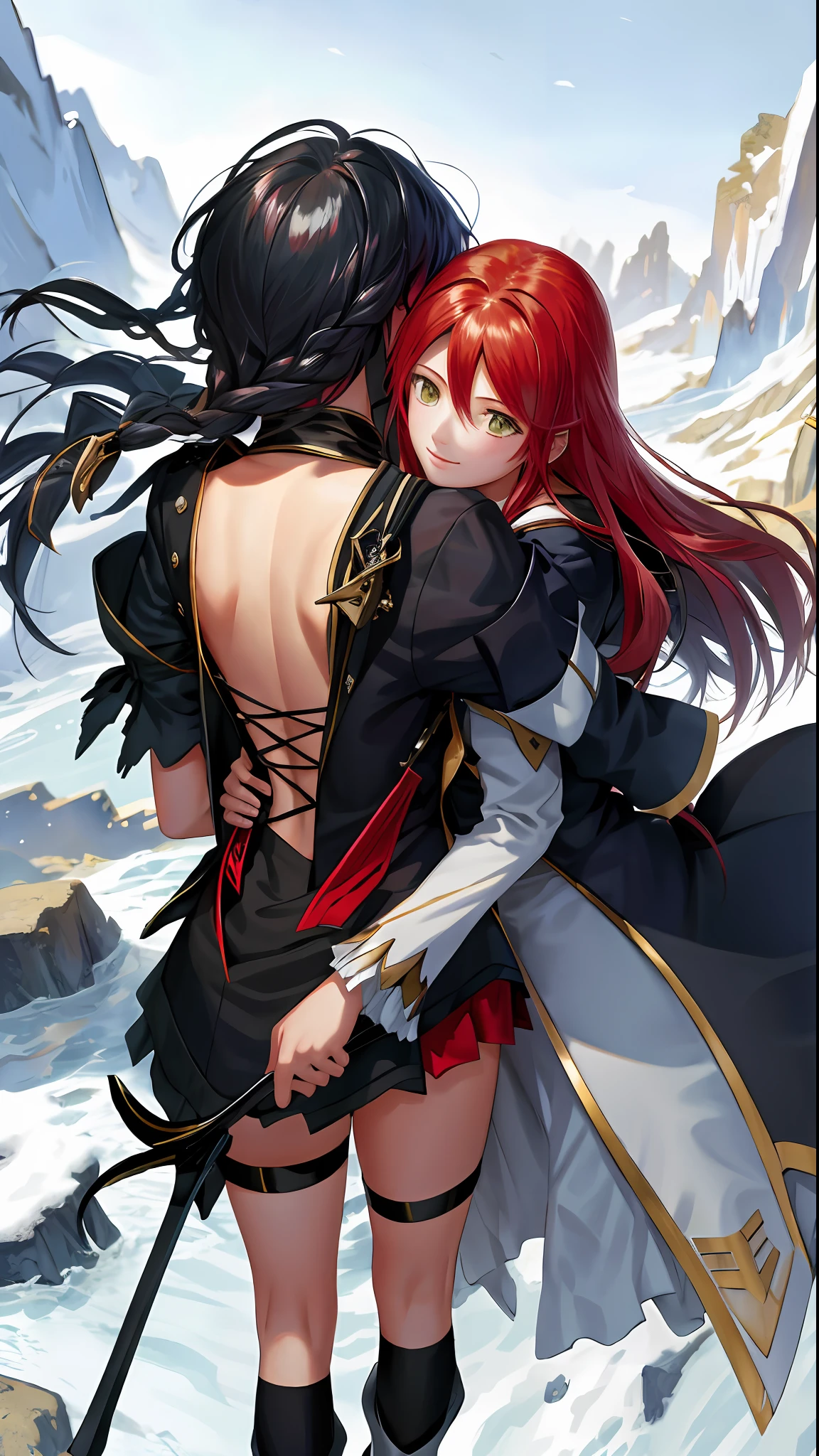 masterpiece, ultra high quality CG, best quality, perfect picture, 2girls, Eleanor Hume embracing Velvet Crowe from behind