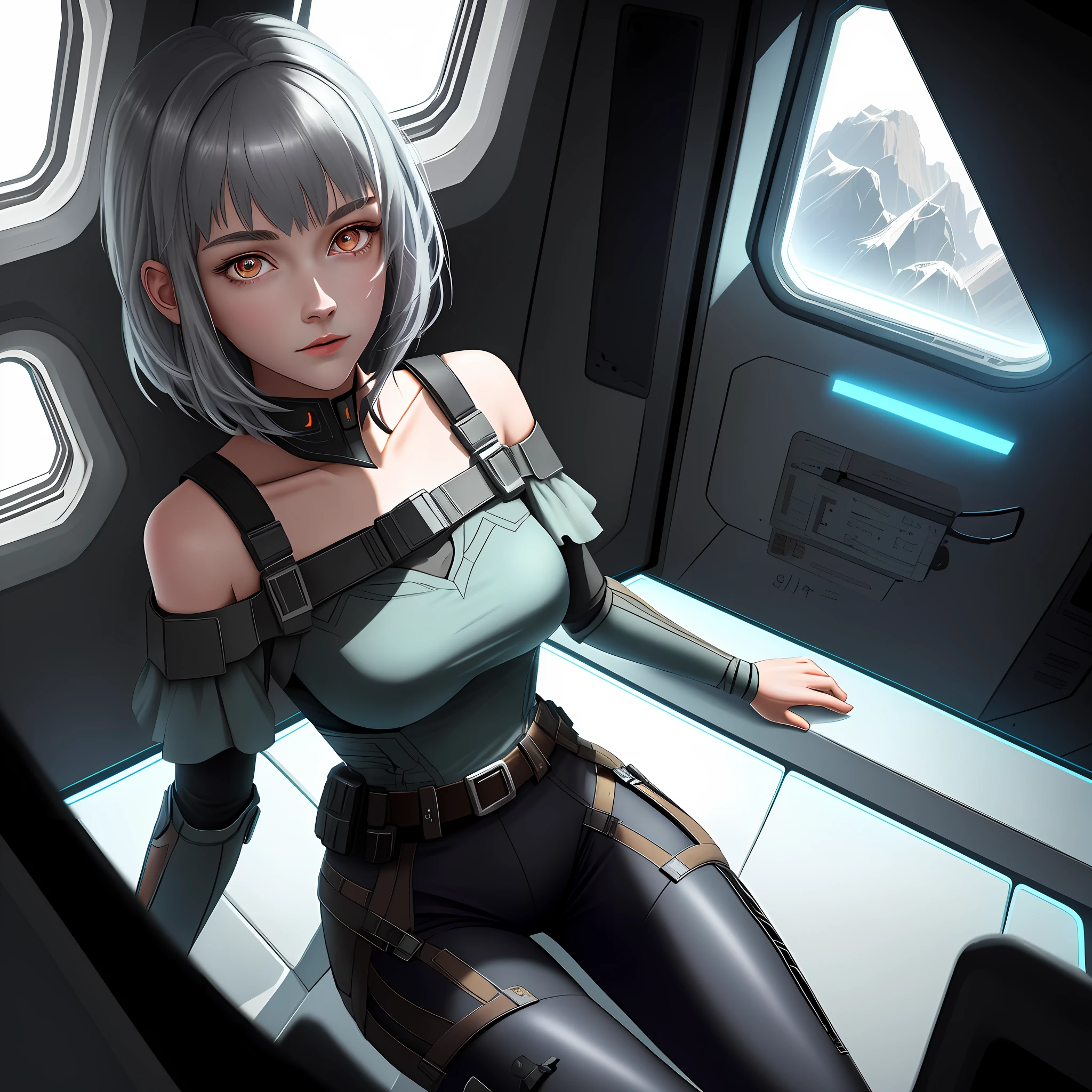 high resolution, highest quality, illustration, super detailed, (detailed face), (detailed eyes), cinematic lighting, best quality, super detailed, masterpiece, 1 girl, solo, gray eyes, short hair, multi-colored hair, asymmetrical hair, belt, jacket, off-the-shoulder, tights, split sleeves, hip vents, glowing eyes, medium breasts, (colored), upper body, from above, sitting, looking at the audience, interior, inside the spaceship, futuristic, window