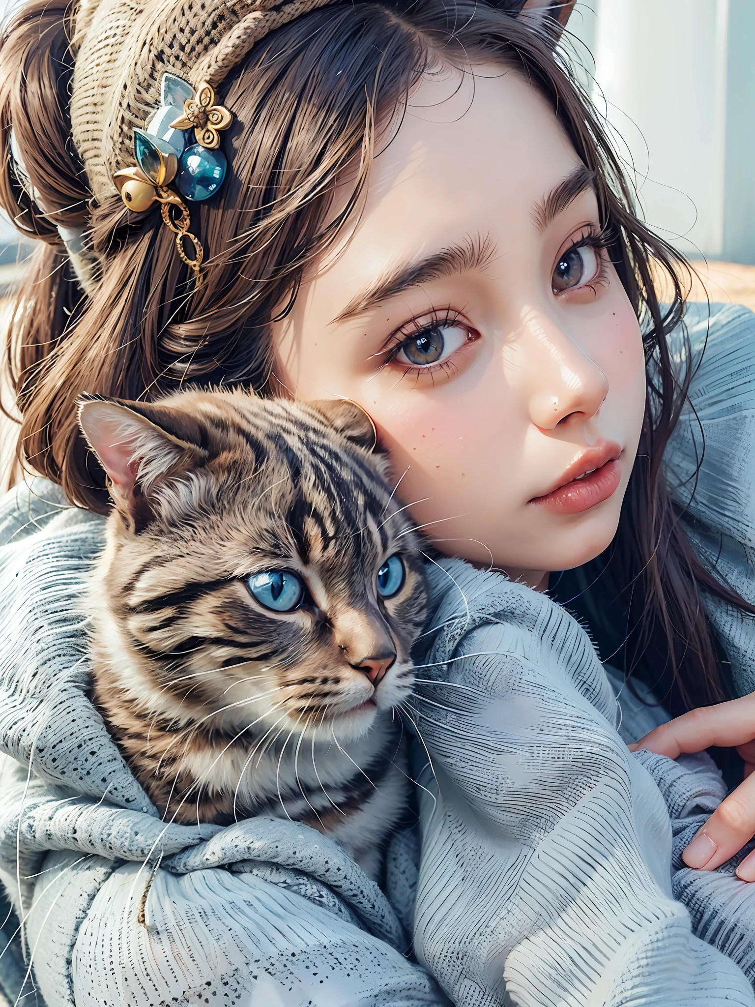 A close up of a girl holding a cat on her lap - SeaArt AI