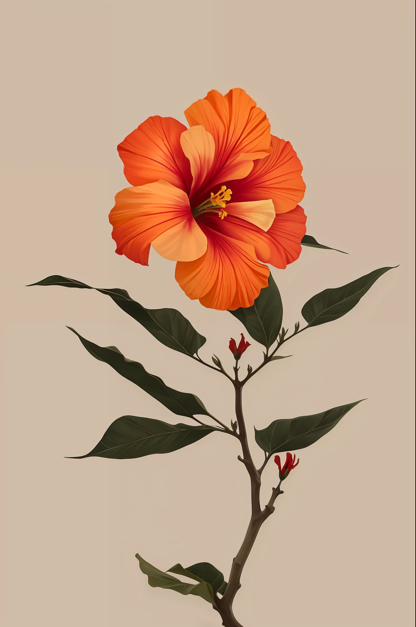 hibiscus flower blooming on a gnarled branch against a grey background, simple background, in the style of light orange and light beige, minimalist images, photography installations, paleocore, green and crimson, hyper-realistic, poetic intimacy