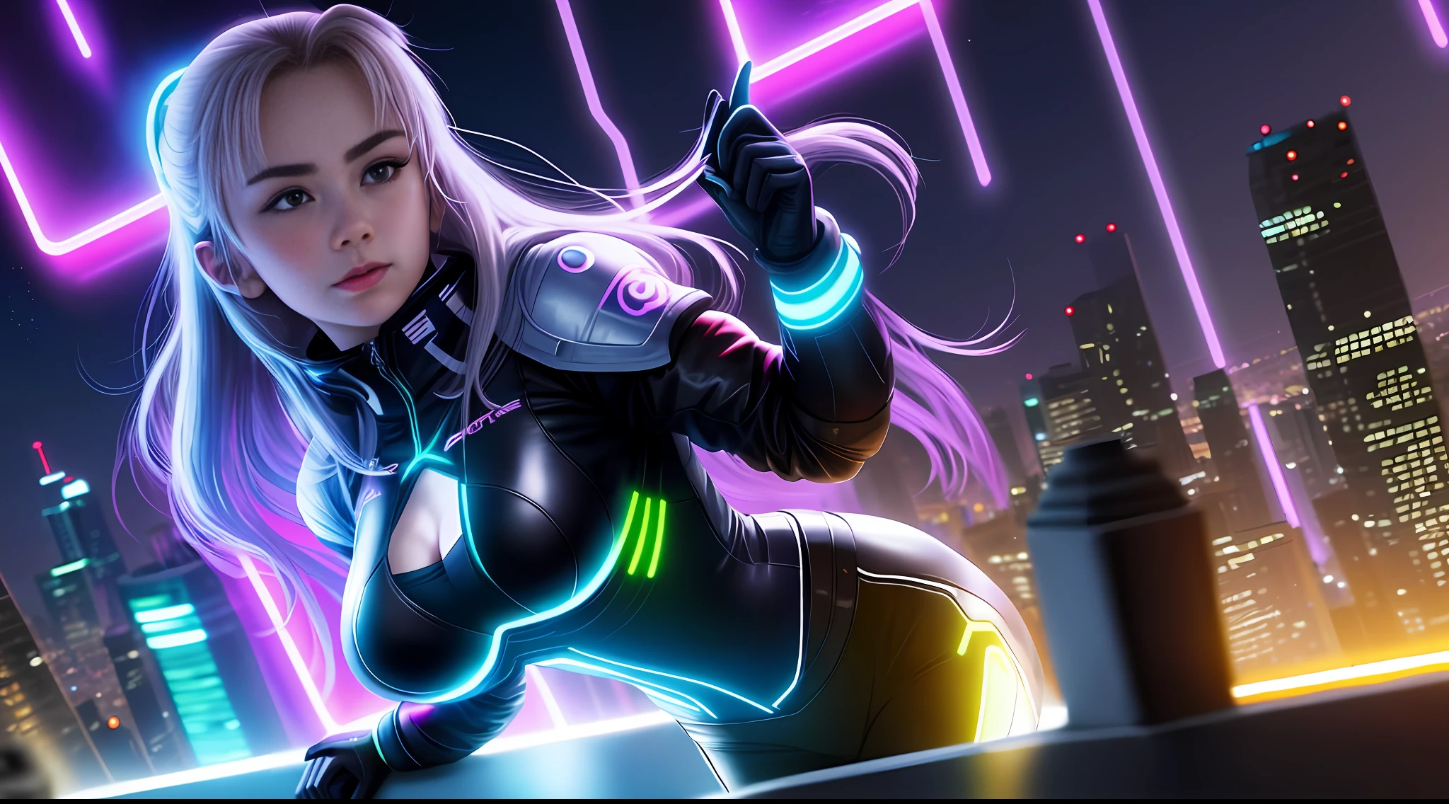 EDM, neon, realistic woman overlooking the big city, right side of the screen, neon light aura, close up, (19 years old: 1.7), chest, big breasts, racing queen, like asuna yuki, like maam in dragon quest, similar to young Sharon Stone, gorgeous, super beautiful, go to edm, big, appeal, ennui,