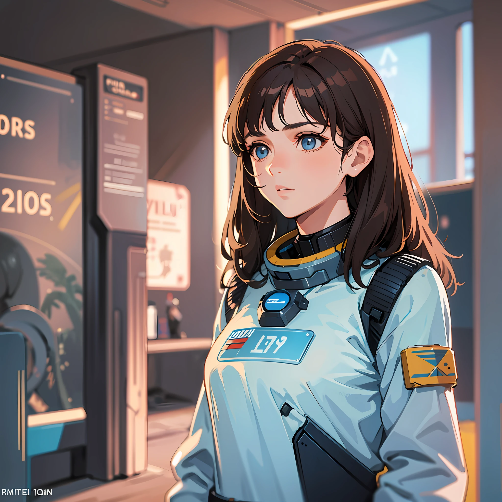 science fiction, sci-fi, sci-fi Movies, science fiction movies, movie quotes, 1984 film references, rebel stories, a 17-year-old teenage girl, 1girl, brown hair, hair parted in the middle, bright eyes, dress, space uniform, realistic face resolution, realism, object resolution