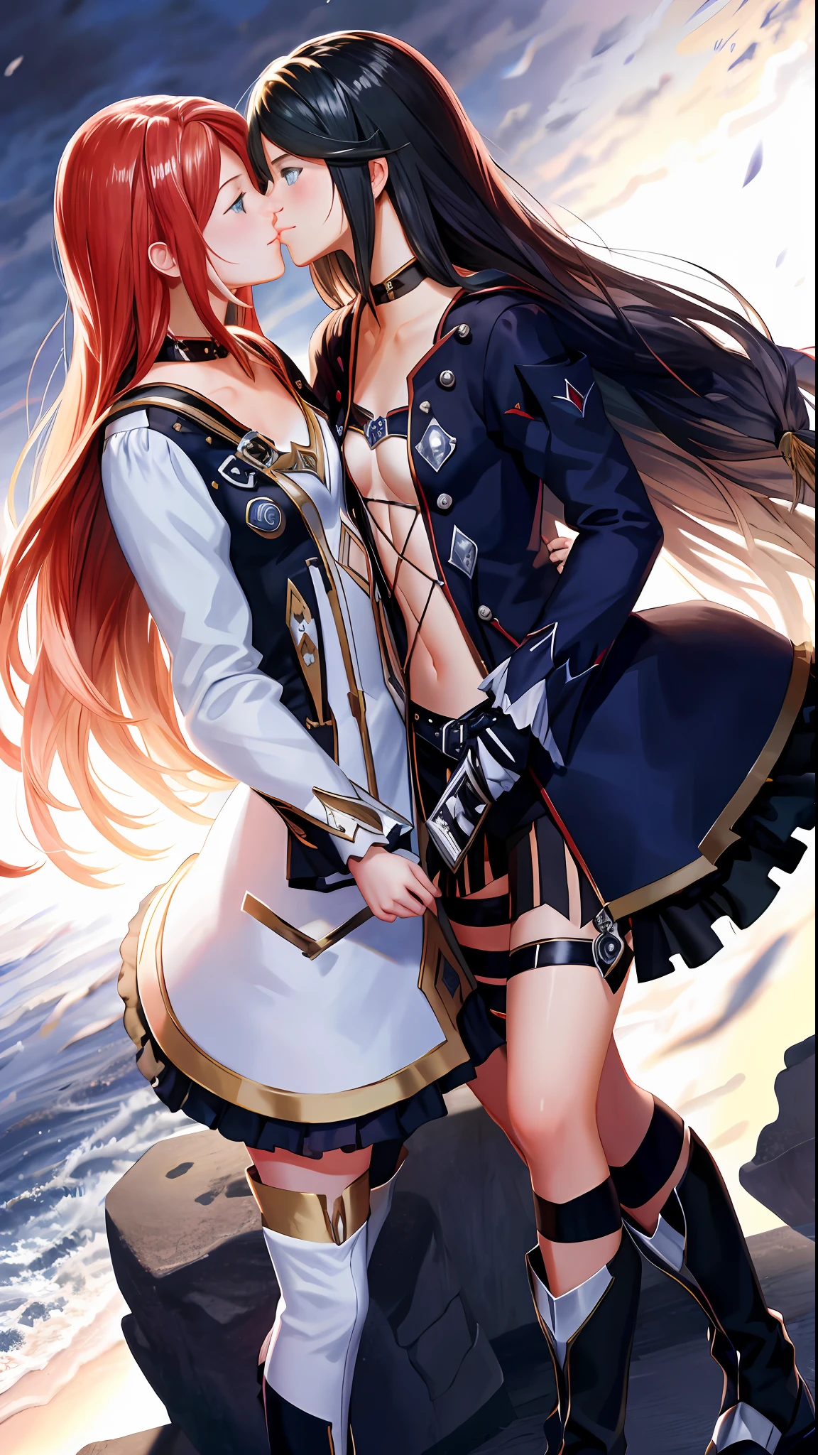 masterpiece, ultra high quality CG, best quality, perfect picture, 2girls, Eleanor Hume kissing Velvet Crowe