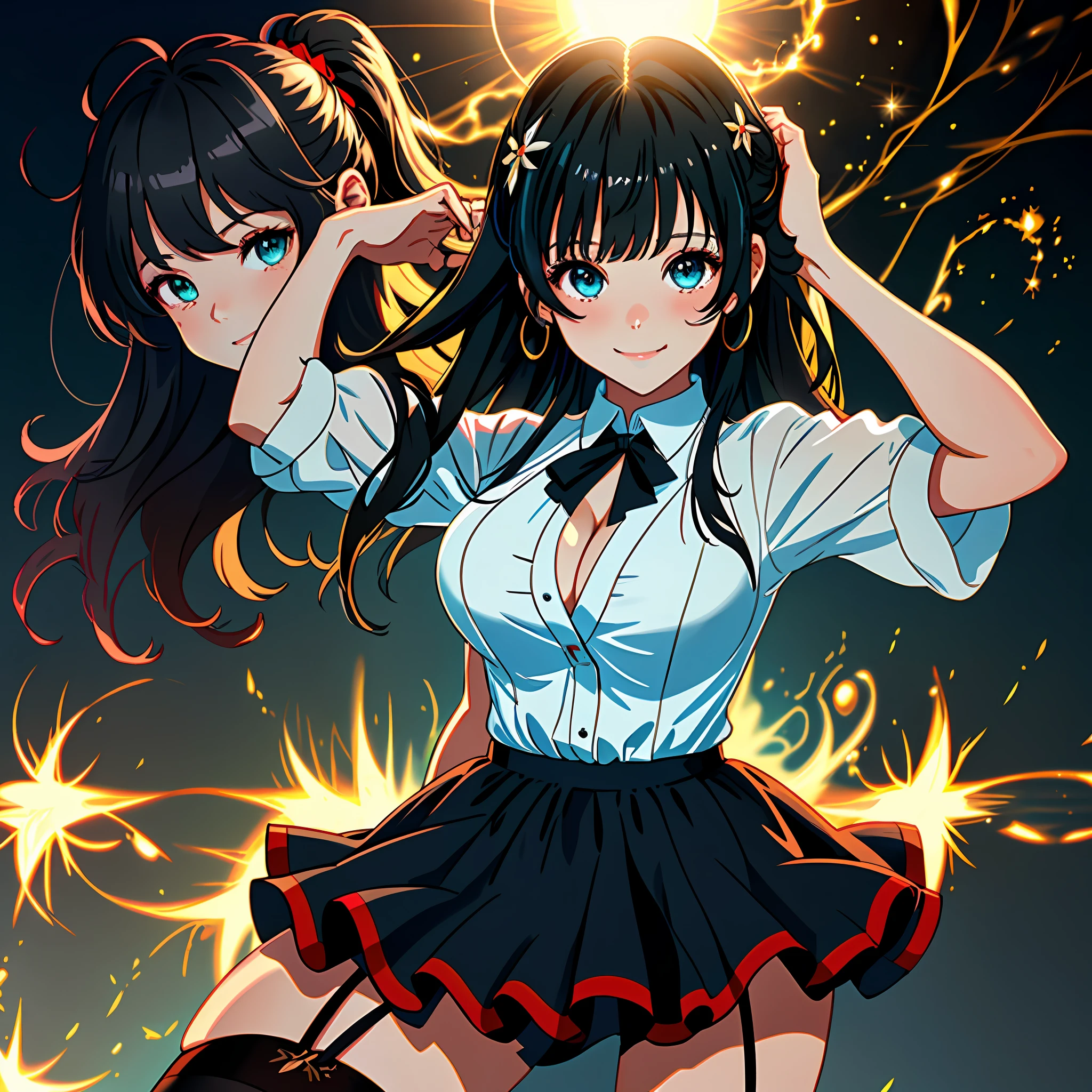 {{{masterpiece,best quality,official art,extremely detailed CG unity 8k wallpaper}}}, day, huge_filesize, hair over shoulder, black hair, crossed bangs, bangs, hair bow, hair ornament, light smile, cute face, aqua eyes, sparkling eyes, eyeshadow, large breasts, cleavage dress, thighhighs, black garter straps, uwabaki, fingersmile, sun,{{{girl}}},