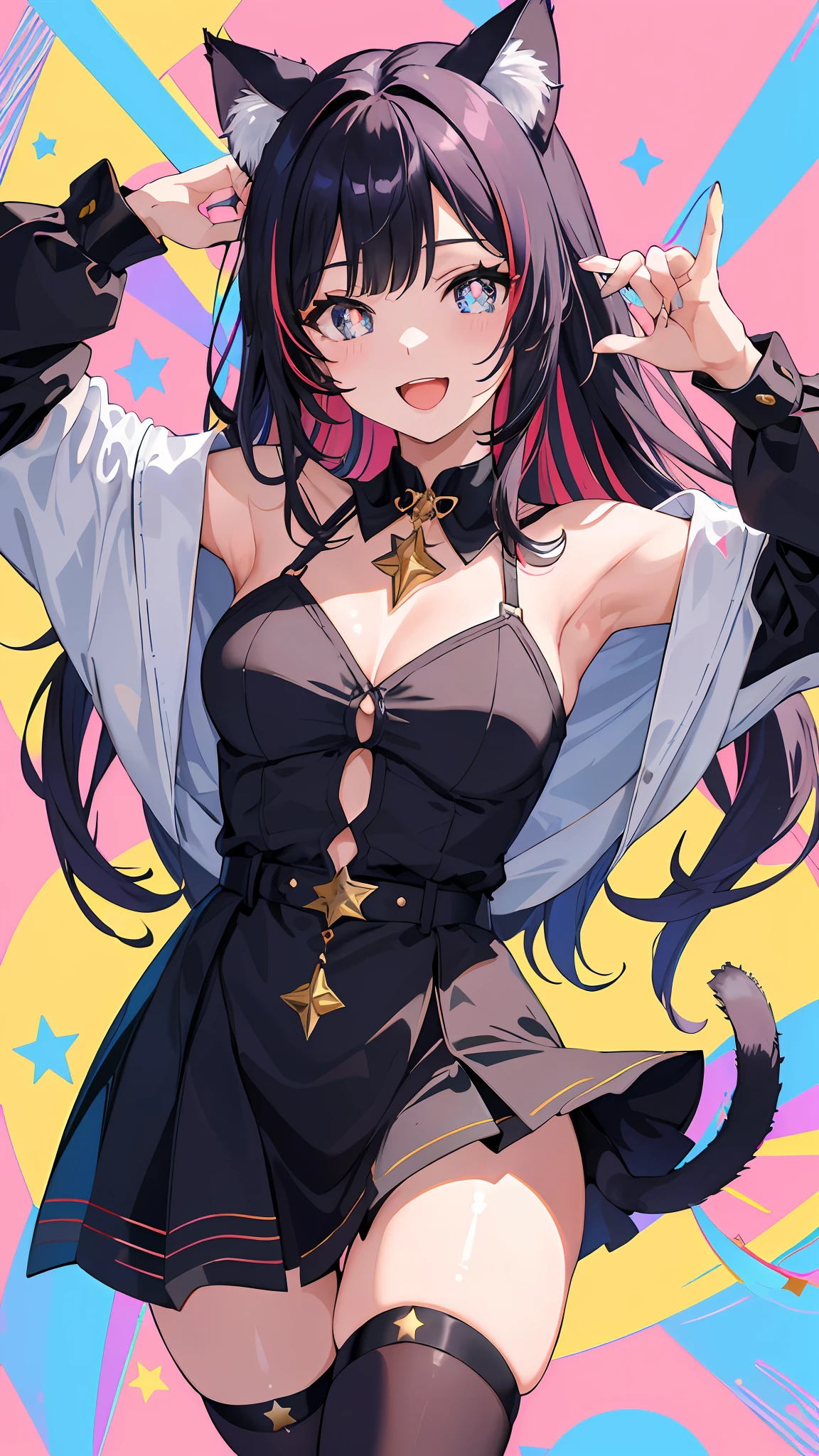 (masterpiece, best quality), ((1girl, (mature female) long hair), (star-shaped pupils,  +_+, symbol-shaped pupils, sparkling eyes), (cat ears, open open mouth)), (looking at viewer, light smile, off shoulder), (abstract, multicolored background, abstract background, chromatic aberration),