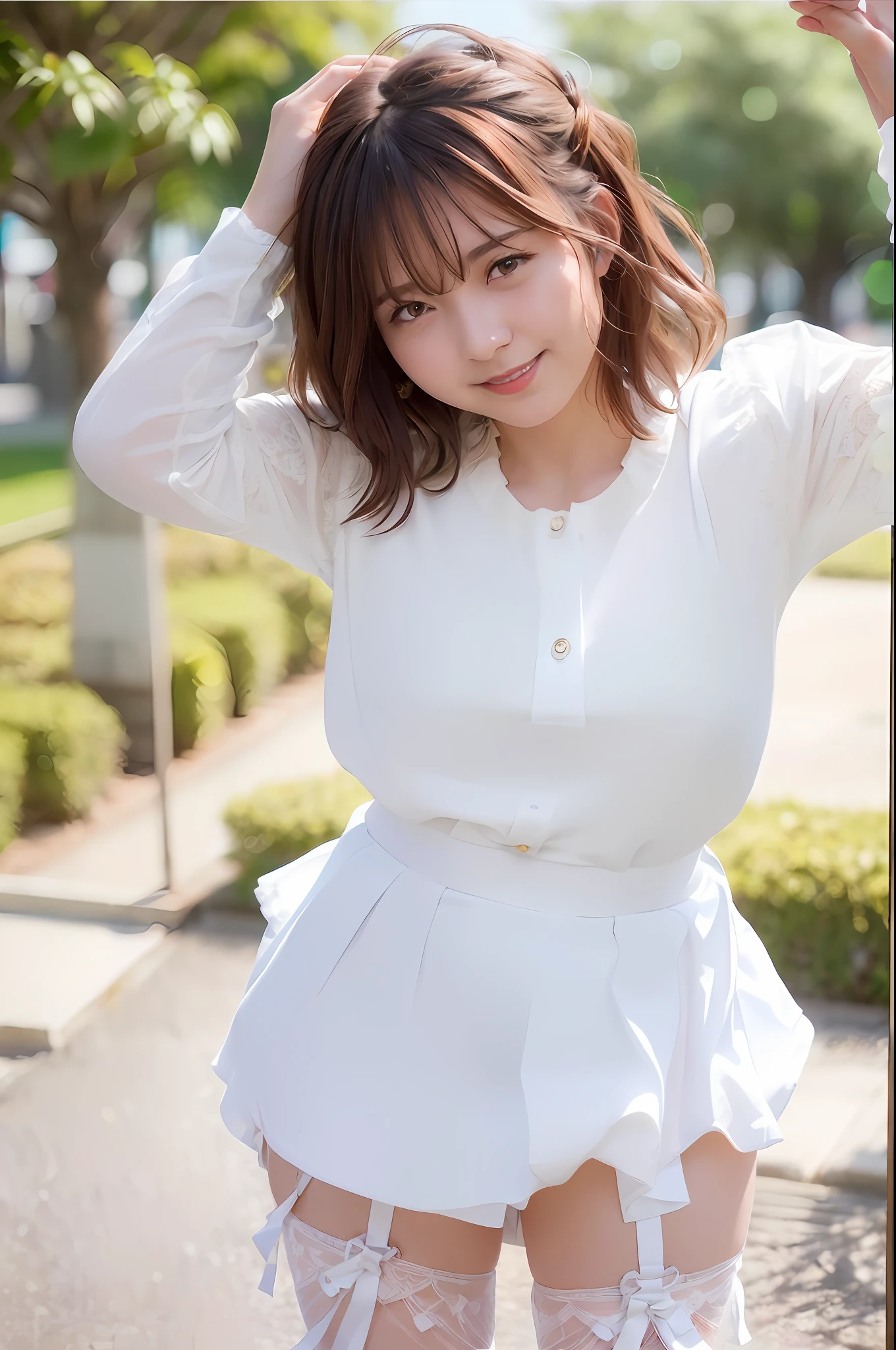 (skin spots: 1.2), (skin dentation), Black eyes, 1 female, 25 years old, ((((Female))), Solo, Real, Best Quality, Photorealistic, Masterpiece, 8K, High Resolution, Solo, Very Detailed Face, (Professional Lighting, Bokeh), (Light Particle, Lens Flare, Luminous Particle: 0.6), (Dynamic Pause: 1.2), Soft Lighting, Top Angle View, fashionable and trendy, Japan, street, urban, Tokyo, Minato, ((daytime)), sky, ((view viewer:1)), (look at camera), (portrait: 0.6), cowboy shot, gorgeous, standing, keep original facial proportions, wide shoulders, full body, (small breasts), (short hair), brown hair, floating hair, lips, lipstick, seductive smile, floating hair, smile, open_mouth, teeth, (white blouse without sleeves), (jumper skirt), eyelashes, moles, (moles under the eyes: 1), plump body, plump breasts, bursting breasts, large breasts, intricate lace prom dresses, miniskirts, lace hair ornaments, garden weddings, garter stockings, garter belts,