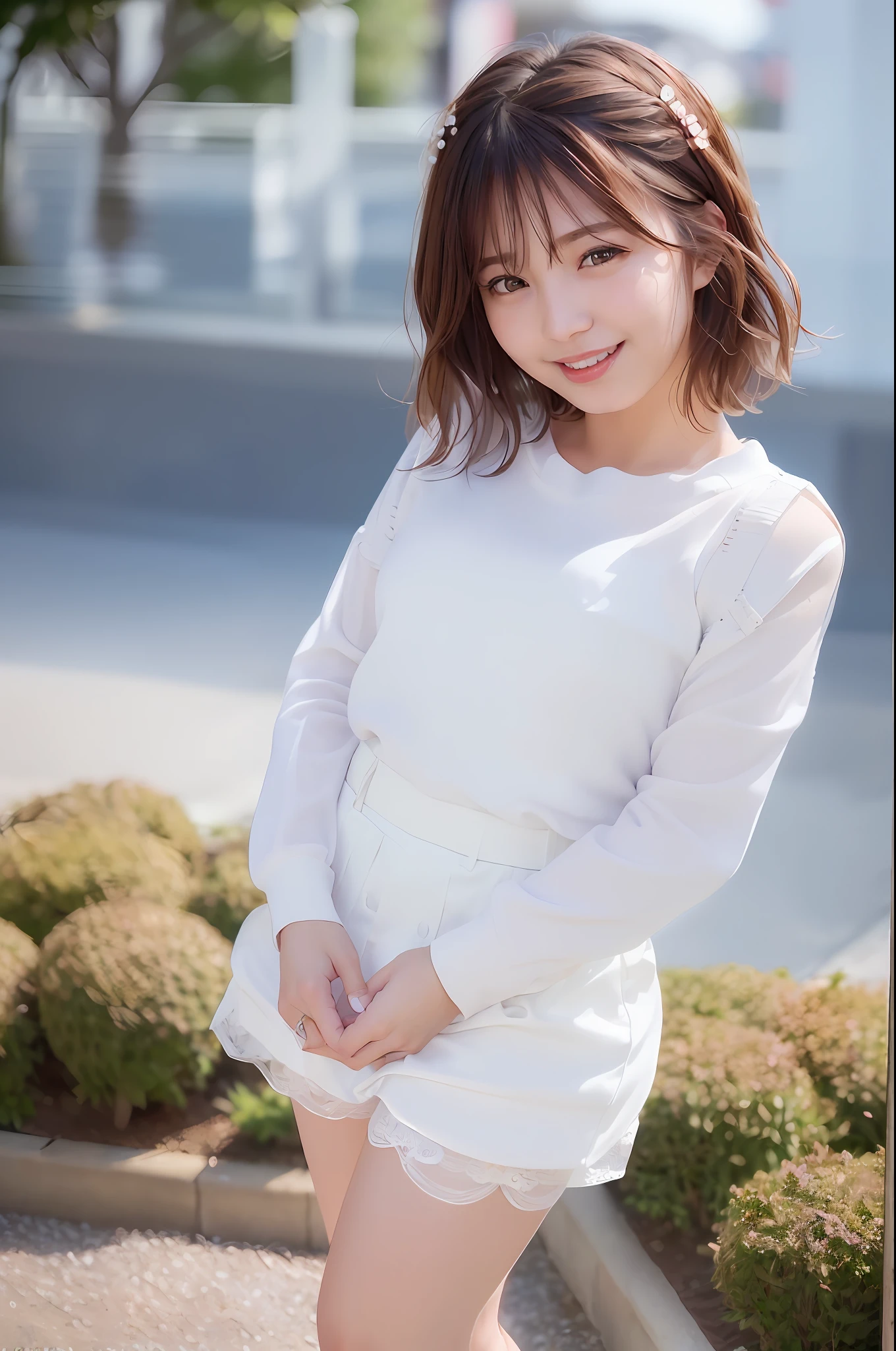 (skin spots: 1.2), (skin dentation), Black eyes, 1 female, 25 years old, ((((Female))), Solo, Real, Best Quality, Photorealistic, Masterpiece, 8K, High Resolution, Solo, Very Detailed Face, (Professional Lighting, Bokeh), (Light Particle, Lens Flare, Luminous Particle: 0.6), (Dynamic Pause: 1.2), Soft Lighting, Top Angle View, fashionable and trendy, Japan, street, urban, Tokyo, Minato, ((daytime)), sky, ((view viewer:1)), (look at camera), (portrait: 0.6), cowboy shot, gorgeous, standing, keep original facial proportions, wide shoulders, full body, (small breasts), (short hair), brown hair, floating hair, lips, lipstick, seductive smile, floating hair, smile, open_mouth, teeth, (white blouse without sleeves), (jumper skirt), eyelashes, moles, (moles under the eyes: 1), plump body, plump breasts, bursting breasts, large breasts, intricate lace prom dresses, miniskirts, lace hair ornaments, garden weddings, garter stockings, garter belts,