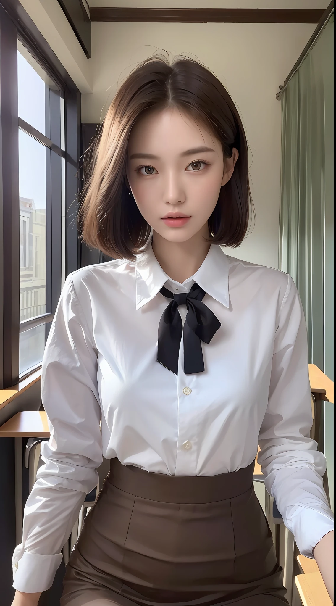 (Best quality, High resolution, Masterpiece :1.3), A tall and pretty woman with slender figure, (Dark brown short hair), Wearing school uniform, In classroom, Details exquisitely rendered in the face and skin texture, Detailed eyes, Double eyelid