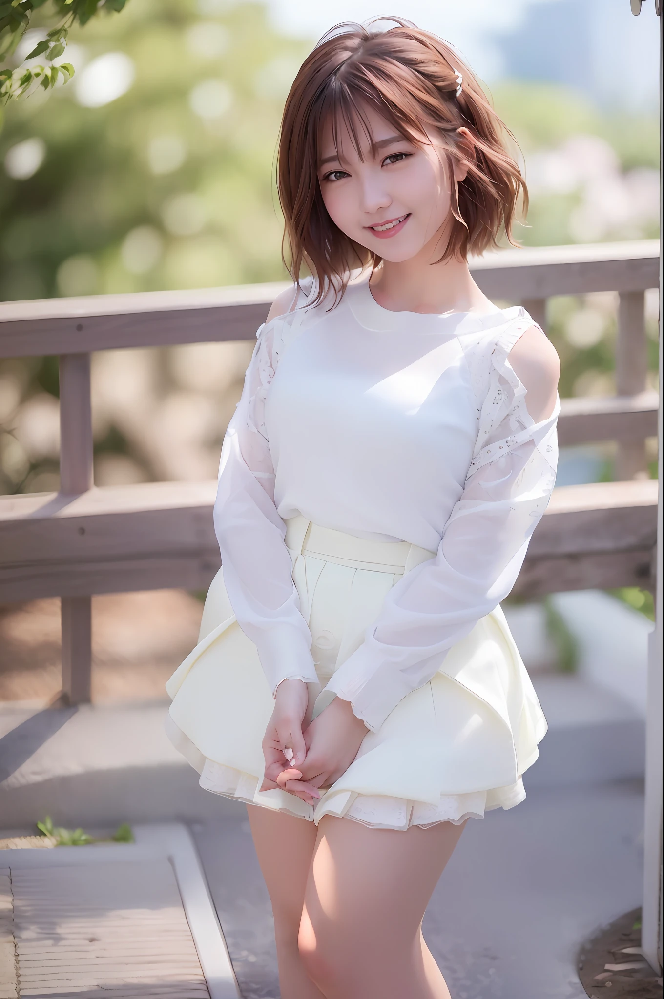 (skin spots: 1.2), (skin dentation), Black eyes, 1 female, 25 years old, ((((Female))), Solo, Real, Best Quality, Photorealistic, Masterpiece, 8K, High Resolution, Solo, Very Detailed Face, (Professional Lighting, Bokeh), (Light Particle, Lens Flare, Luminous Particle: 0.6), (Dynamic Pause: 1.2), Soft Lighting, Top Angle View, fashionable and trendy, Japan, street, urban, Tokyo, Minato, ((daytime)), sky, ((view viewer:1)), (look at camera), (portrait: 0.6), cowboy shot, gorgeous, standing, keep original facial proportions, wide shoulders, full body, (small breasts), (short hair), brown hair, floating hair, lips, lipstick, seductive smile, floating hair, smile, open_mouth, teeth, (white blouse without sleeves), (jumper skirt), eyelashes, moles, (moles under the eyes: 1), plump body, plump breasts, bursting breasts, large breasts, intricate lace prom dresses, miniskirts, lace hair ornaments, garden weddings, garter stockings, garter belts,